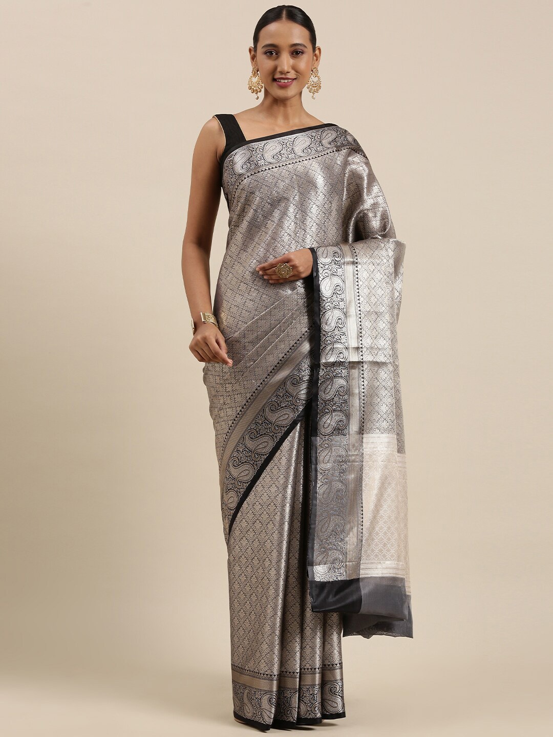

PTIEPL Banarasi Silk Works Ethnic Motifs Woven Design Zari Banarasi Saree, Silver