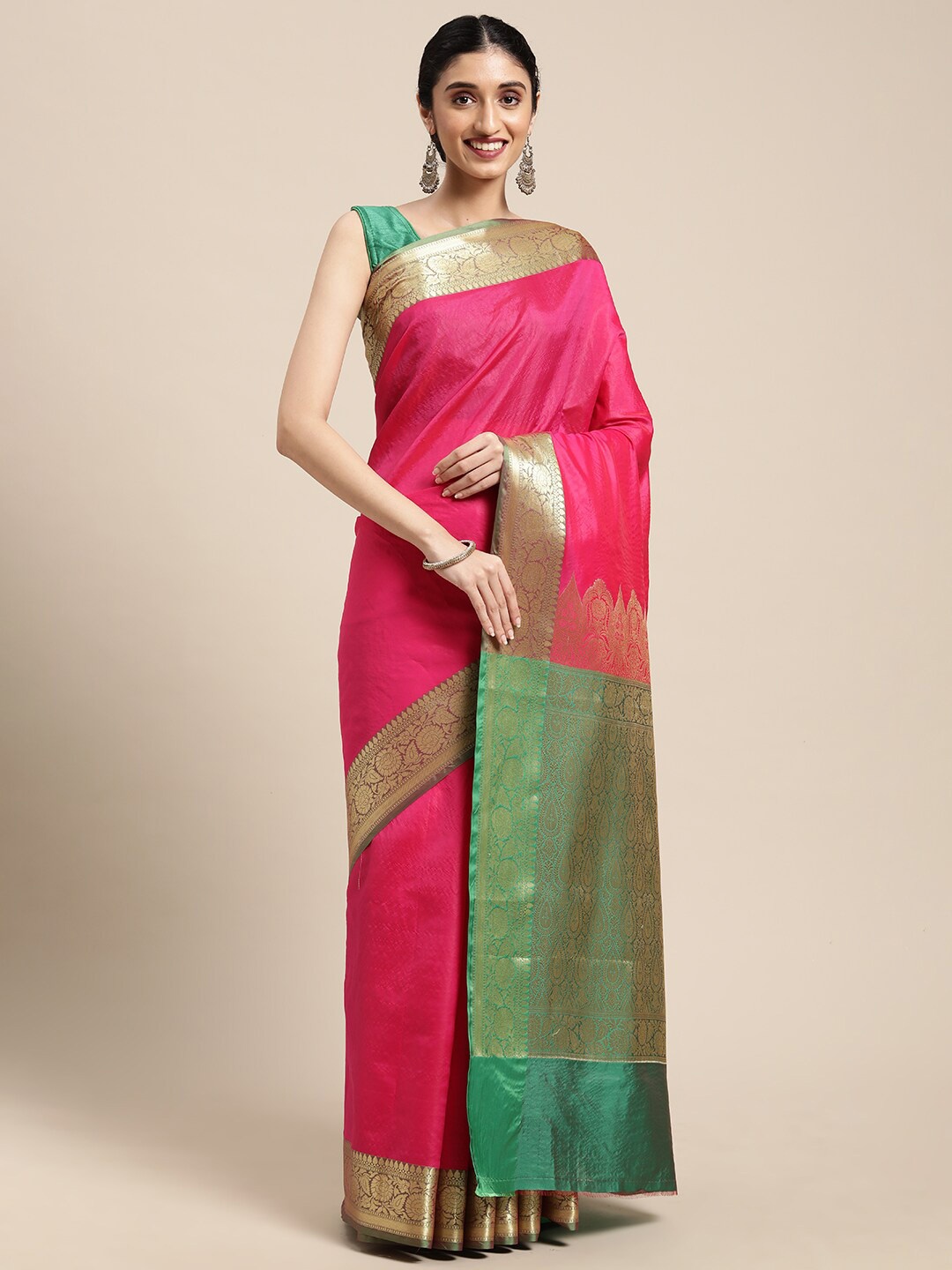 

PTIEPL Banarasi Silk Works Zari Banarasi Saree, Pink