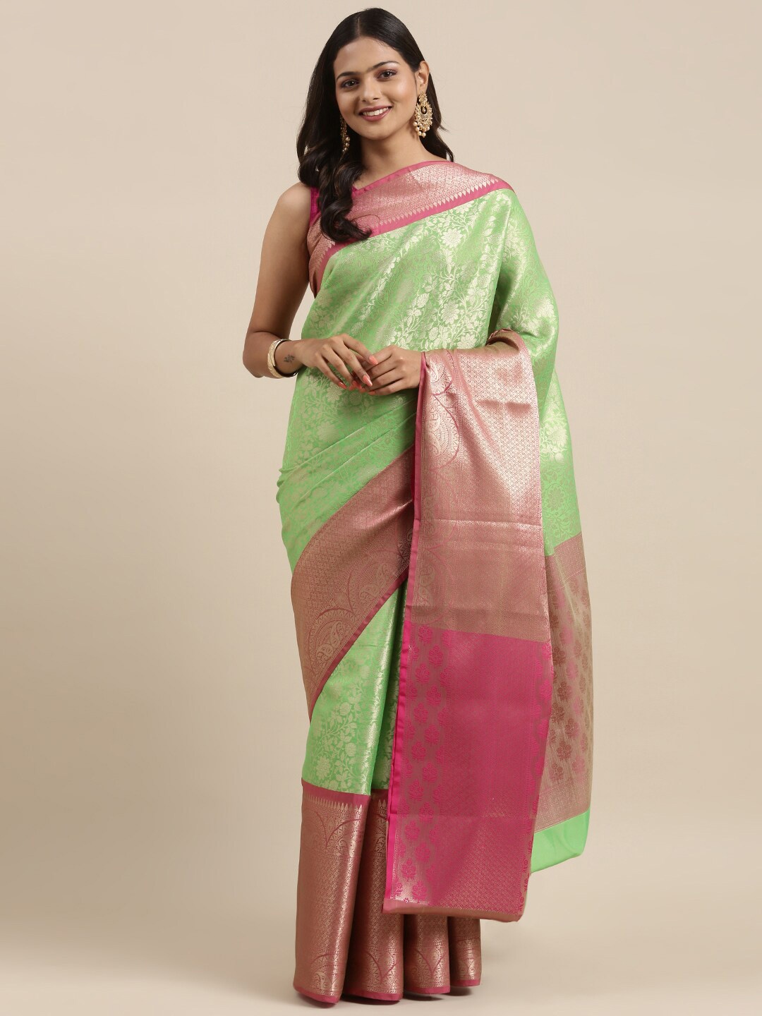 

PTIEPL Banarasi Silk Works Floral Woven Design Zari Brocade Banarasi Saree, Green