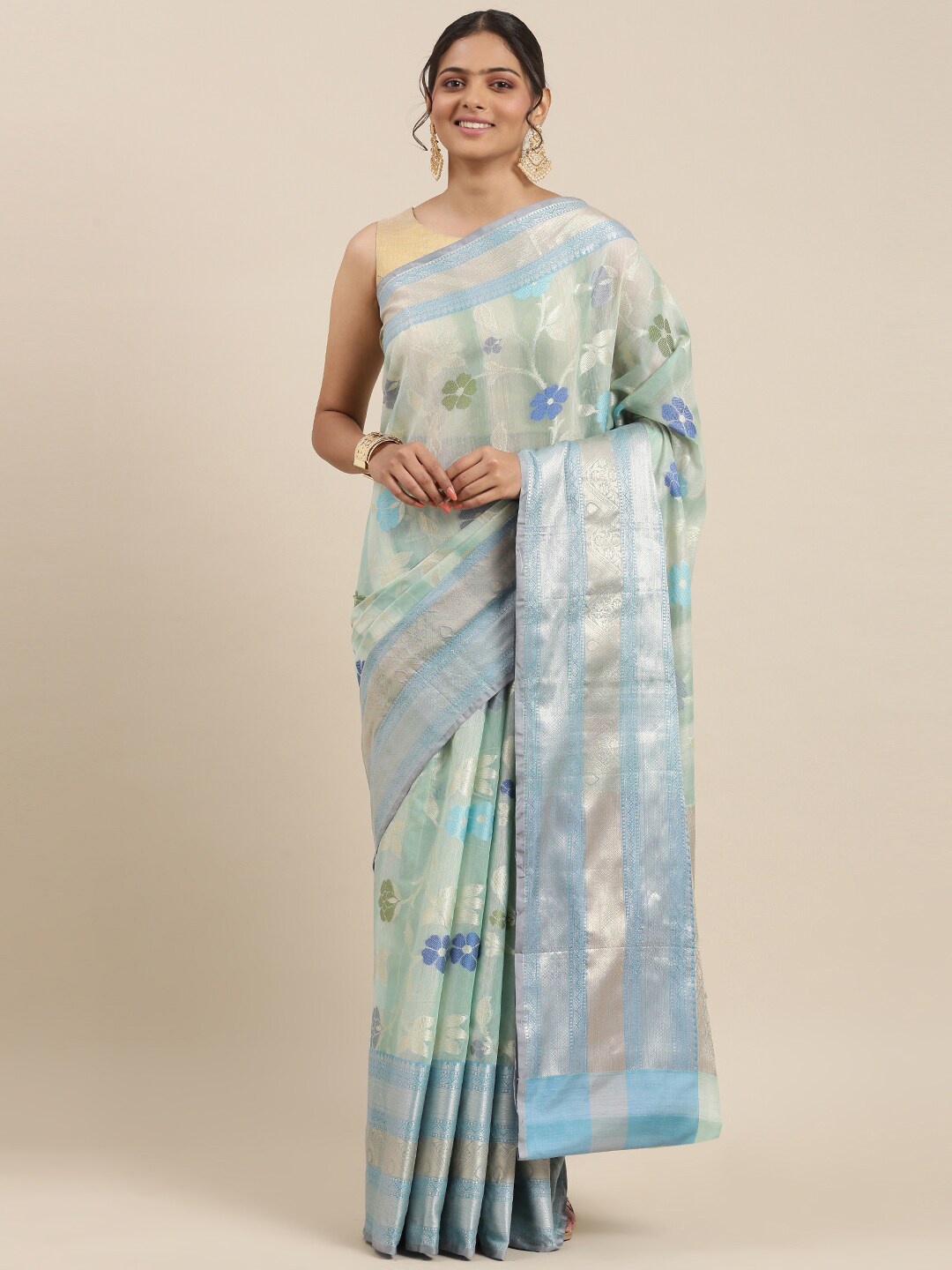 

PTIEPL Banarasi Silk Works Floral Woven Design Zari Banarasi Saree, Turquoise blue