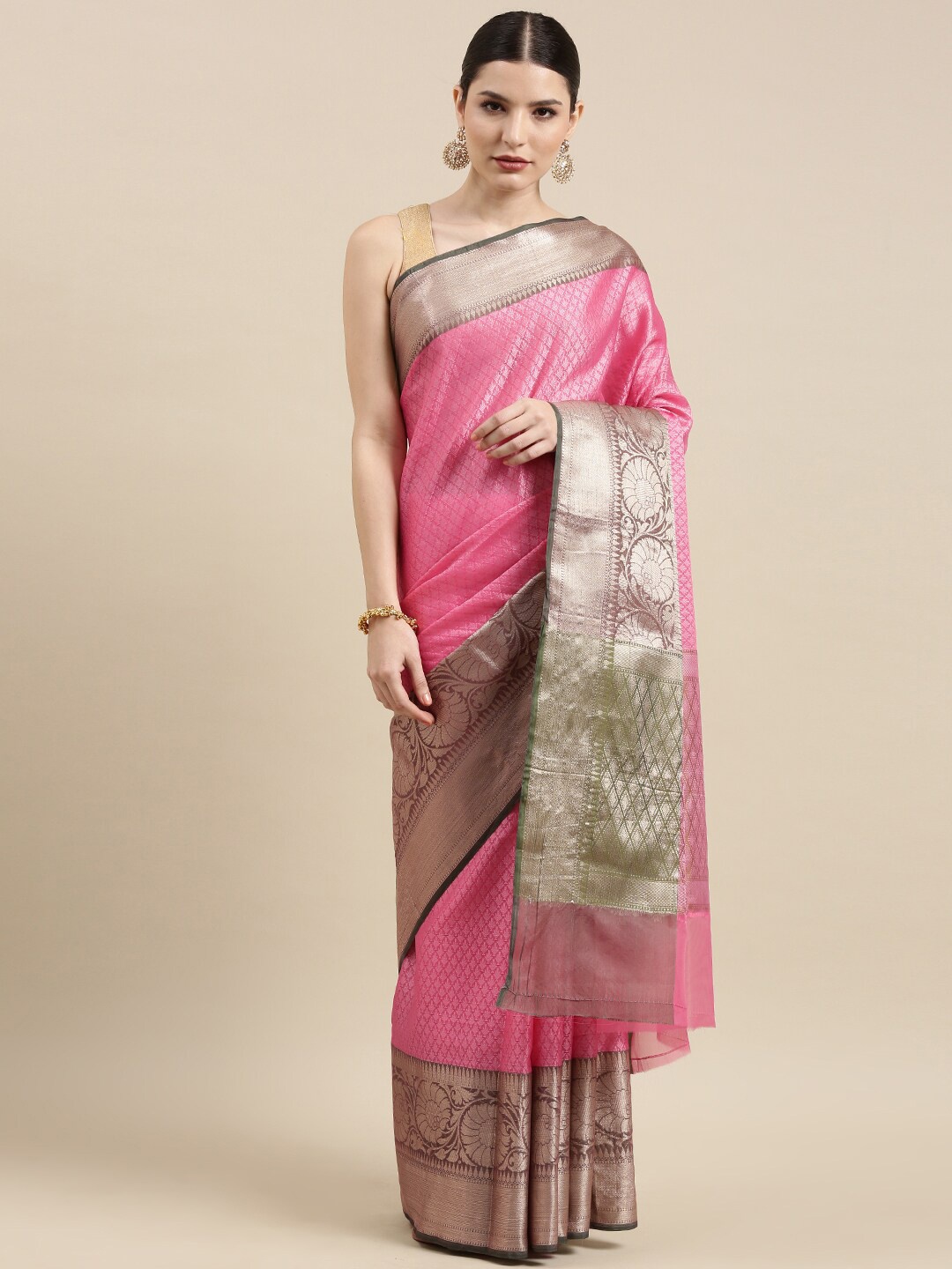 

PTIEPL Banarasi Silk Works Ethnic Motif Woven Design Zari Banarasi Saree, Pink