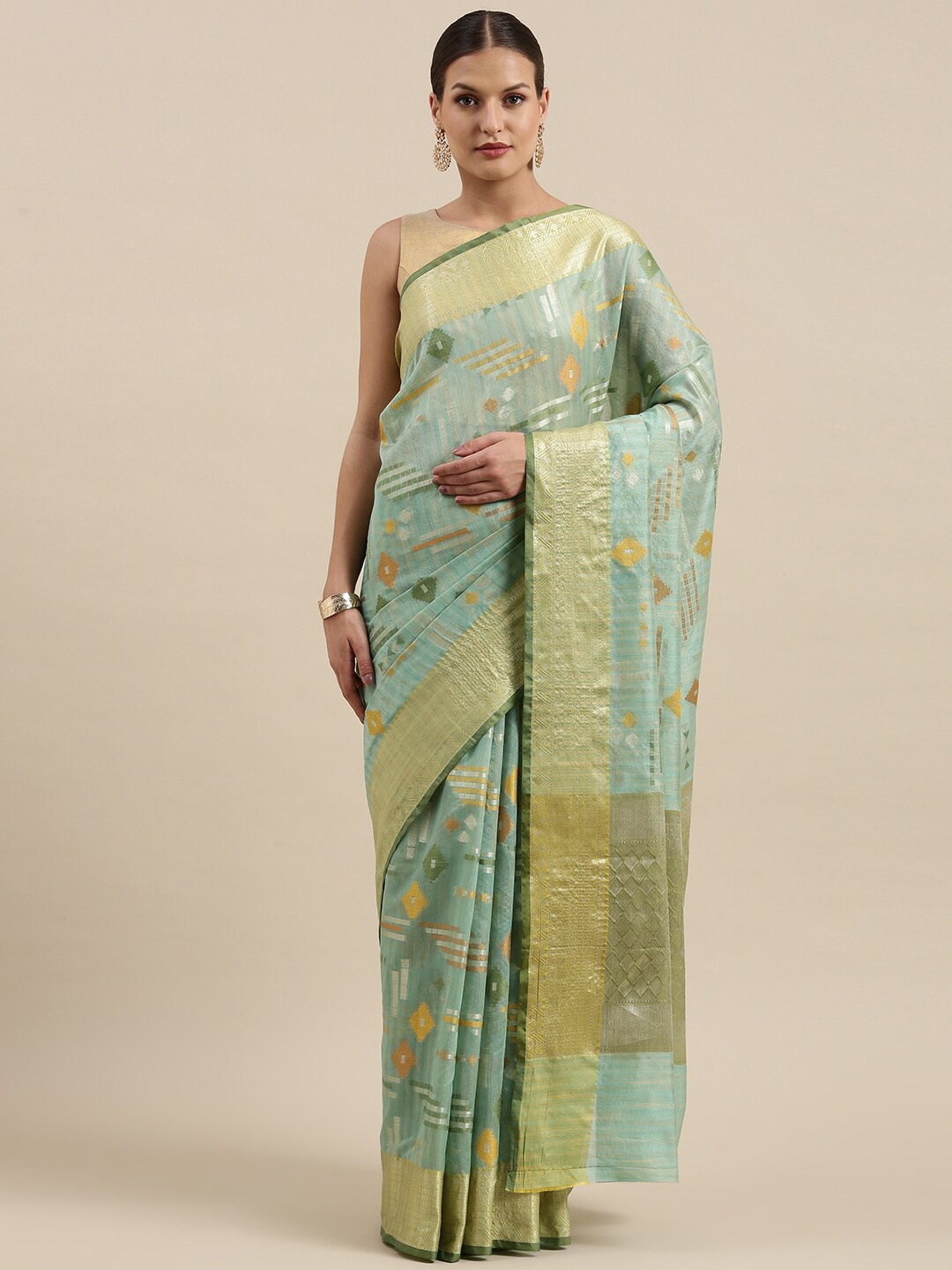 

PTIEPL Banarasi Silk Works Geometric Woven Design Zari Banarasi Saree, Sea green