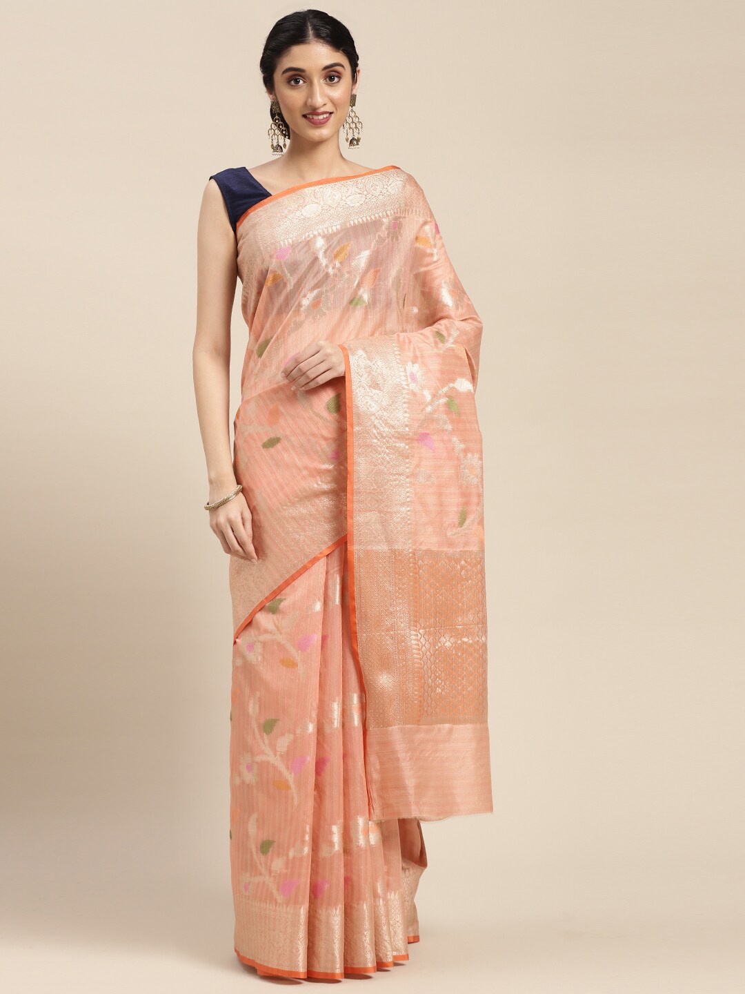 

PTIEPL Banarasi Silk Works Floral Woven Design Zari Banarasi Saree, Rose gold