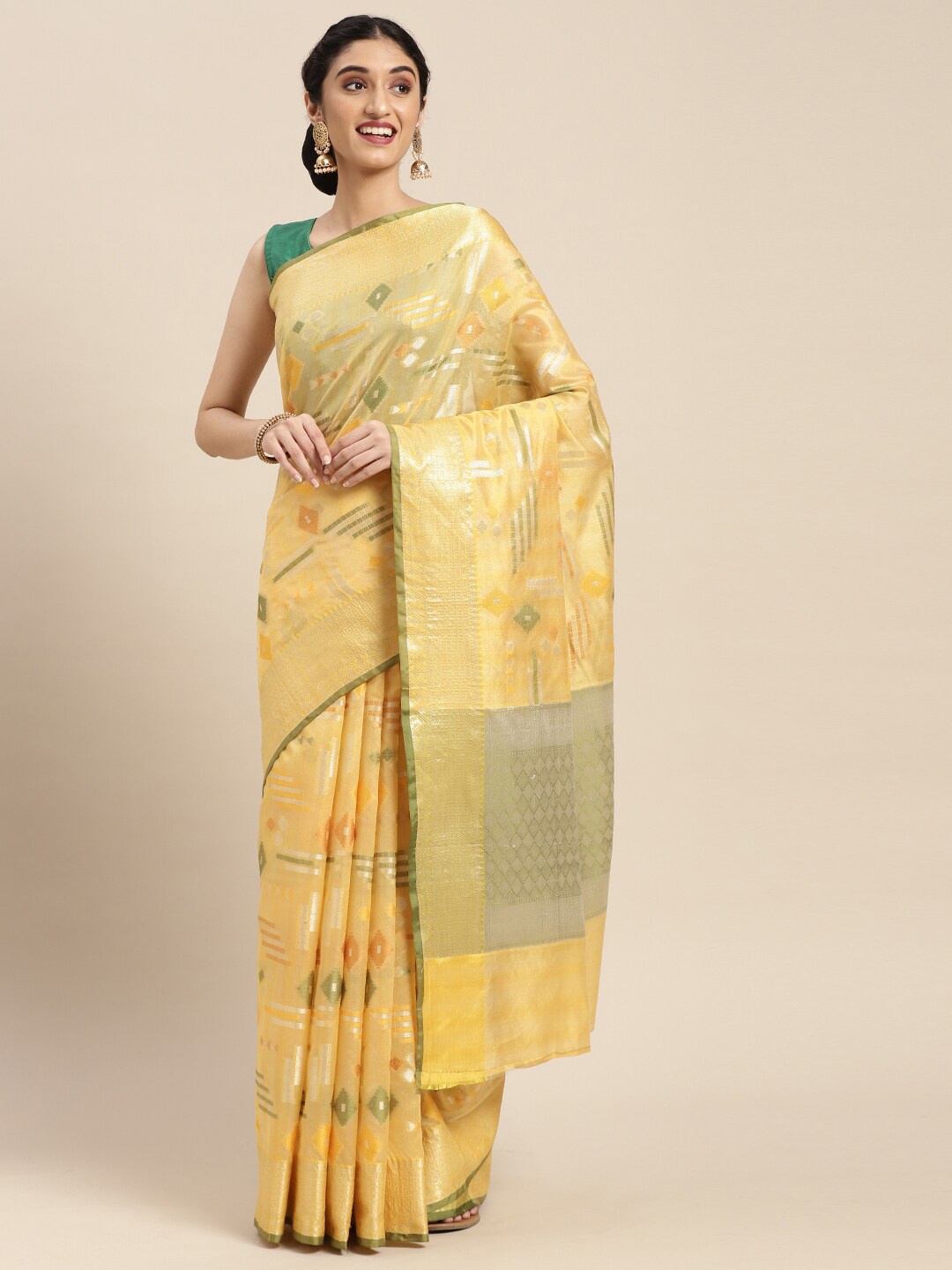 

PTIEPL Banarasi Silk Works Geometric Woven Design Zari Banarasi Saree, Yellow