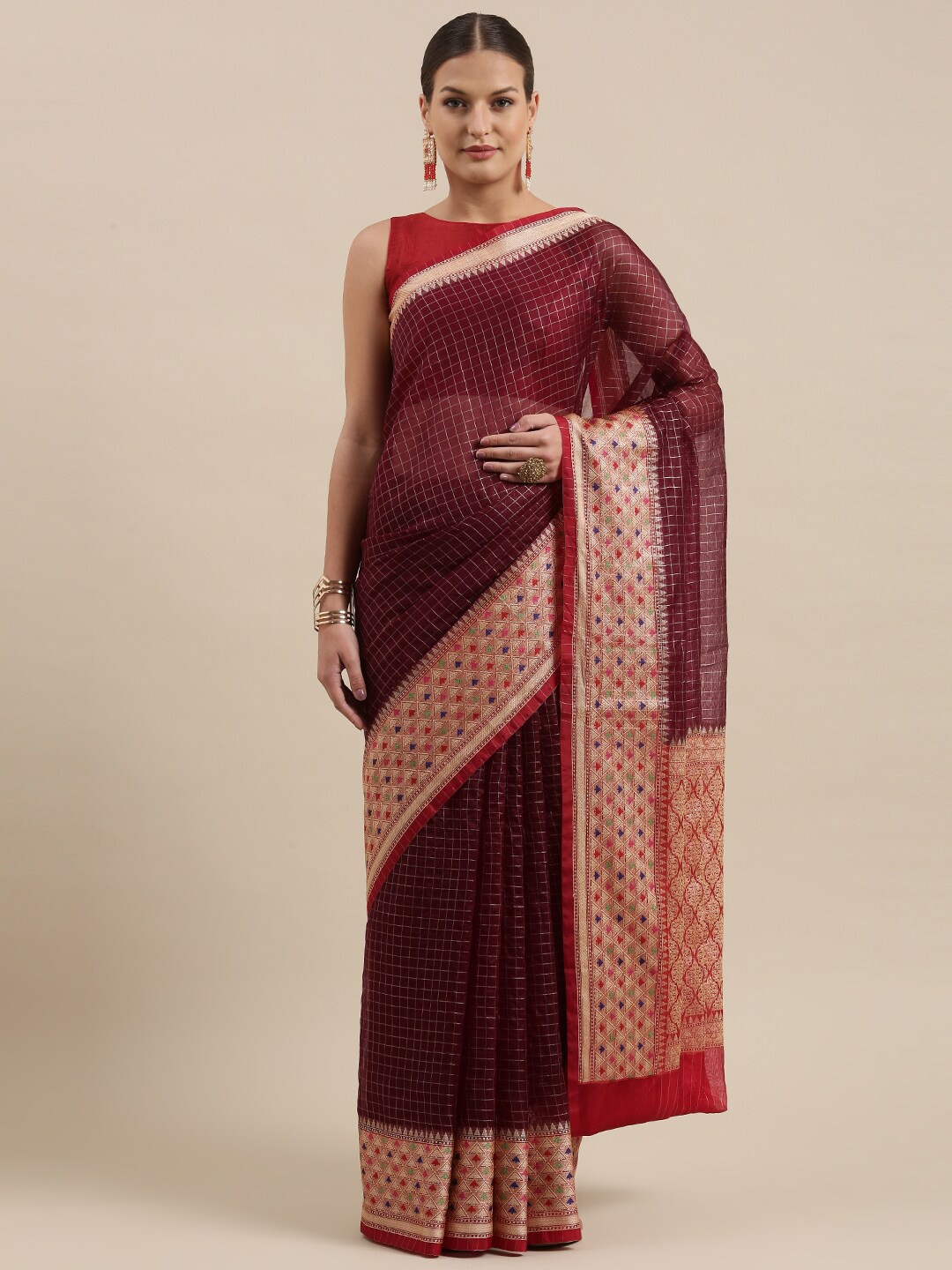 

PTIEPL Banarasi Silk Works Checked Woven Design Zari Banarasi Saree, Brown