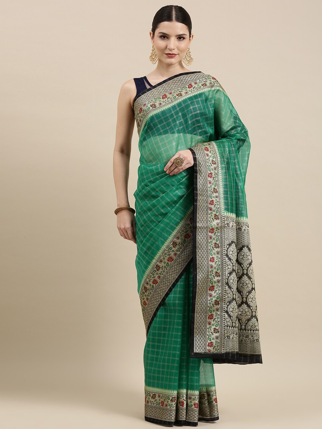 

PTIEPL Banarasi Silk Works Checked Zari Organza Banarasi Saree, Green