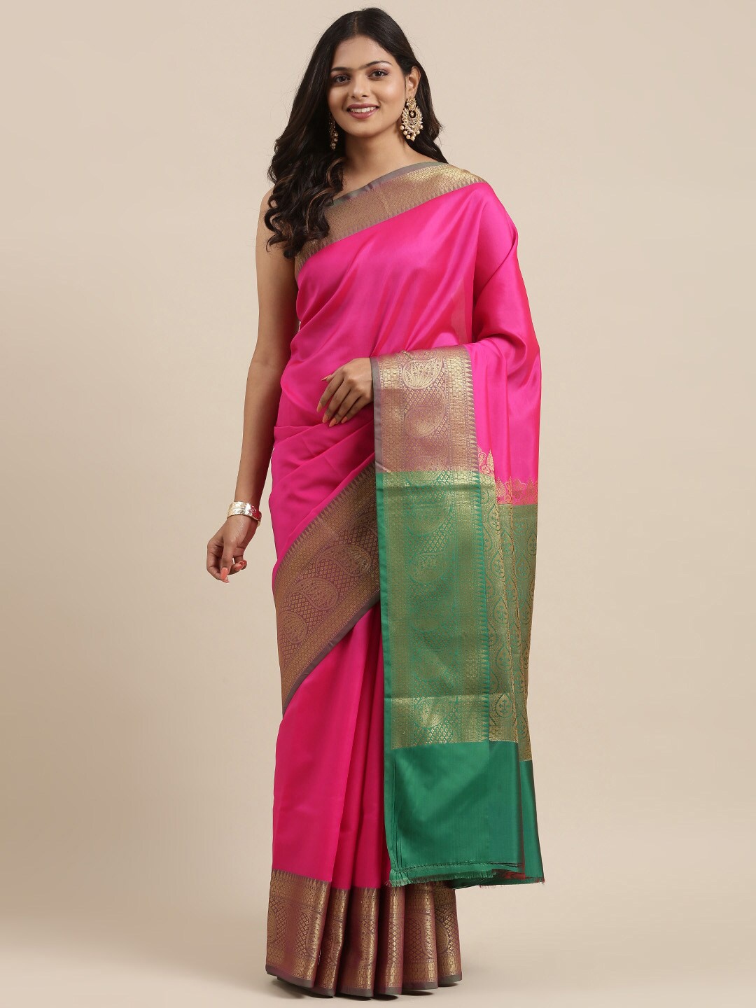 

PTIEPL Banarasi Silk Works Woven Design Border Zari Banarasi Saree, Pink