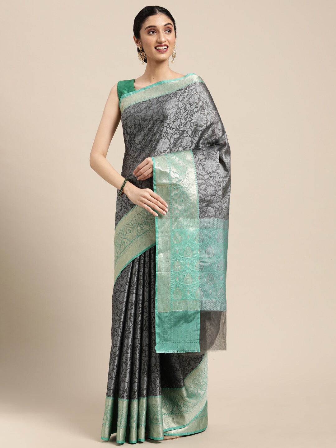 

PTIEPL Banarasi Silk Works Floral Woven Design Zari Banarasi Saree, Black