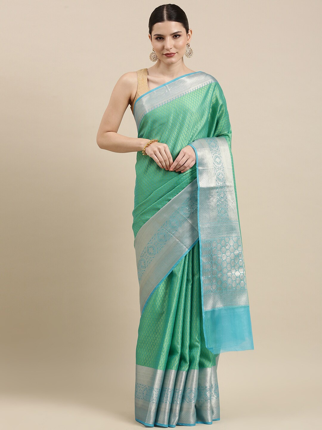 

PTIEPL Banarasi Silk Works Ethnic Motifs Woven Design Zari Art Silk Banarasi Saree, Green