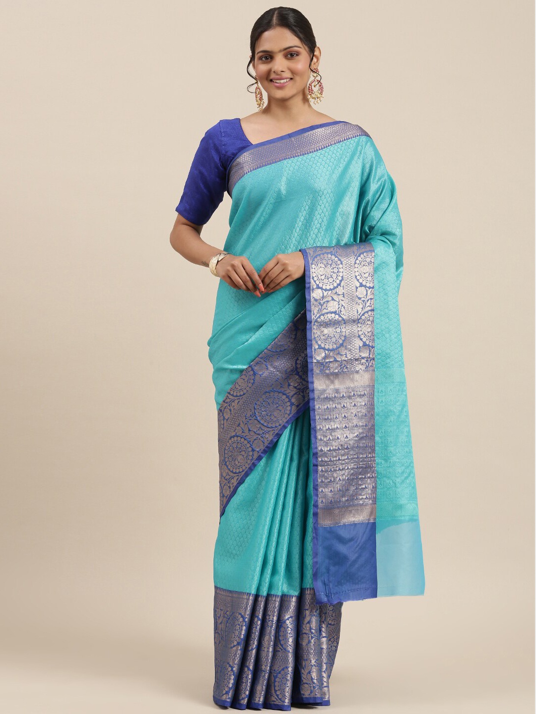 

PTIEPL Banarasi Silk Works Ethnic Motifs Woven Design Zari Art Silk Banarasi Saree, Turquoise blue