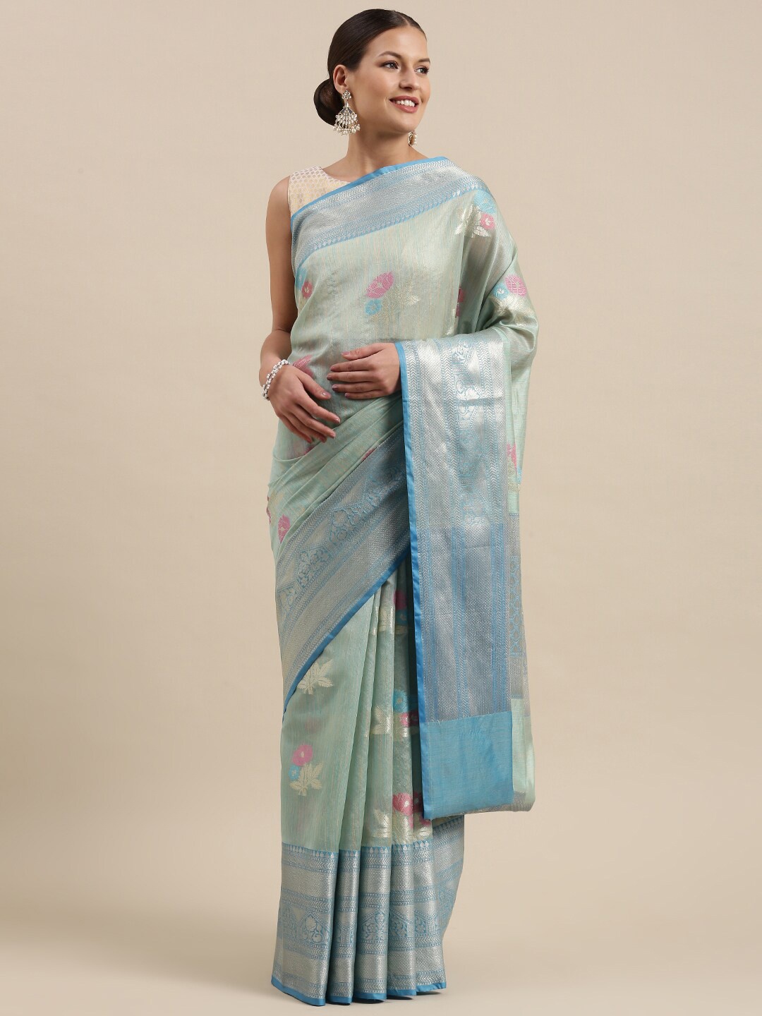

PTIEPL Banarasi Silk Works Floral Woven Design Zari Banarasi Saree, Sea green