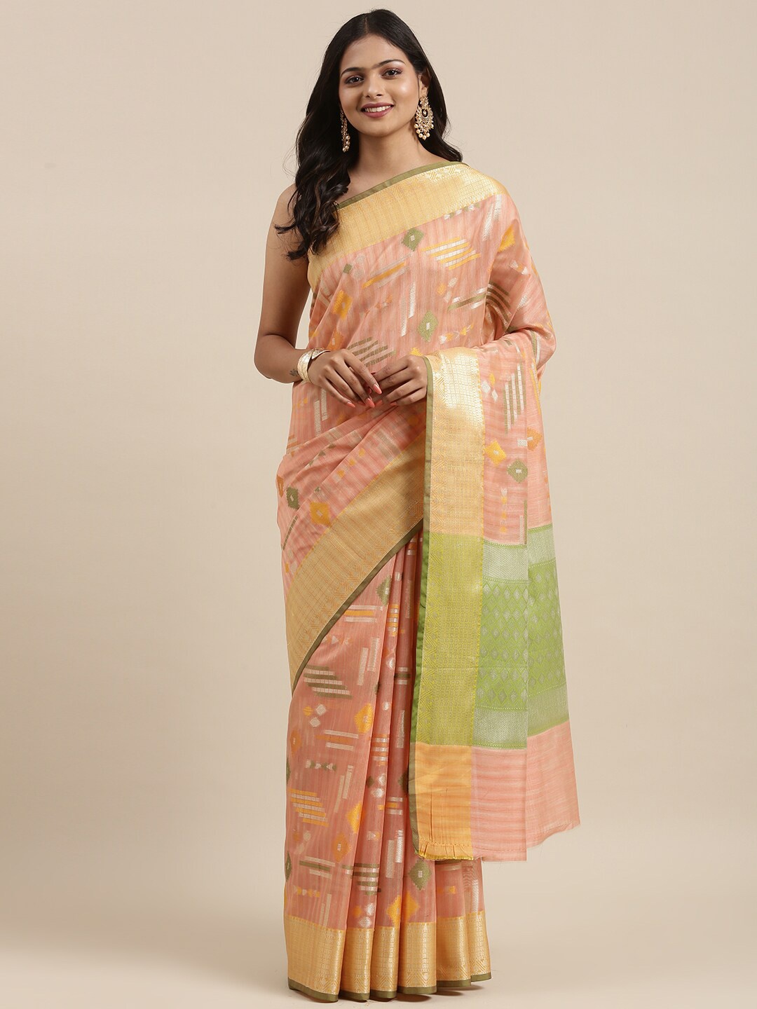 

PTIEPL Banarasi Silk Works Ethnic Motif Woven Design Zari Banarasi Saree, Rose gold