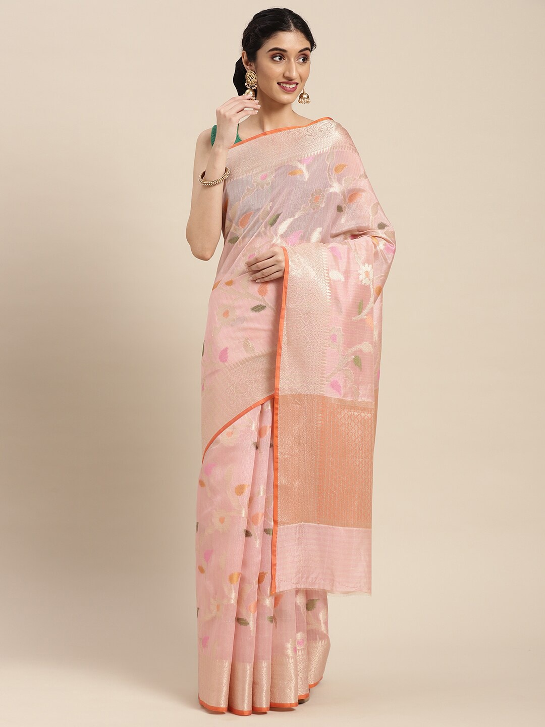 

PTIEPL Banarasi Silk Works Floral Woven Design Zari Banarasi Saree, Pink