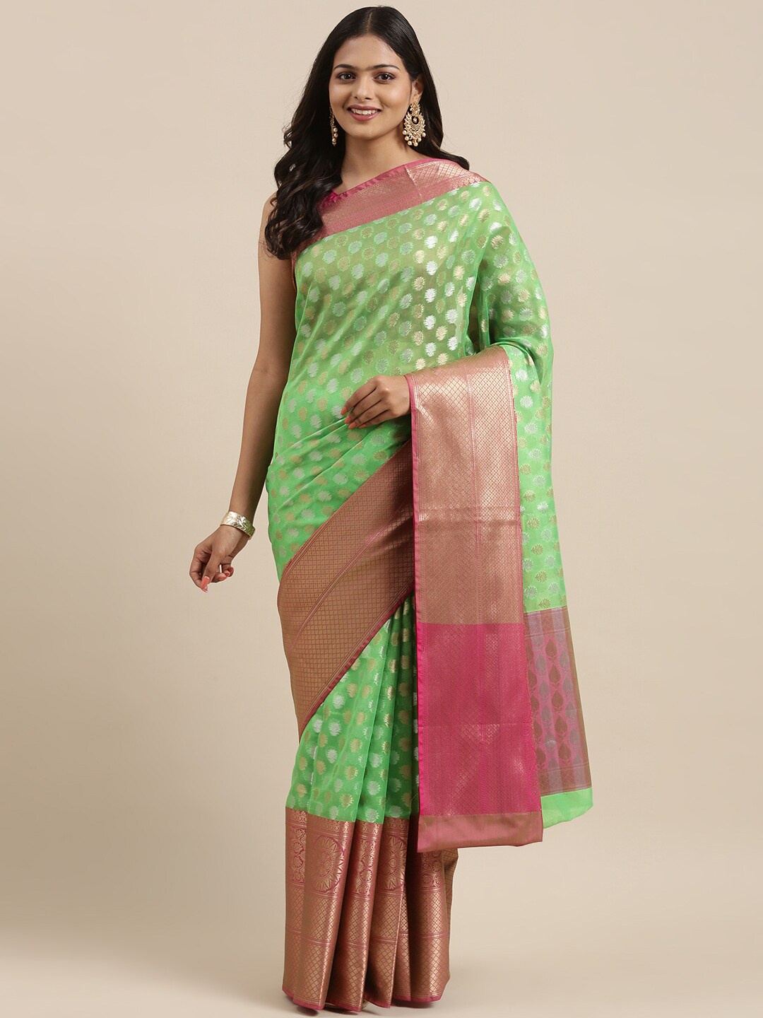 

PTIEPL Banarasi Silk Works Ethnic Motifs Woven Design Zari Brocade Banarasi Saree, Green