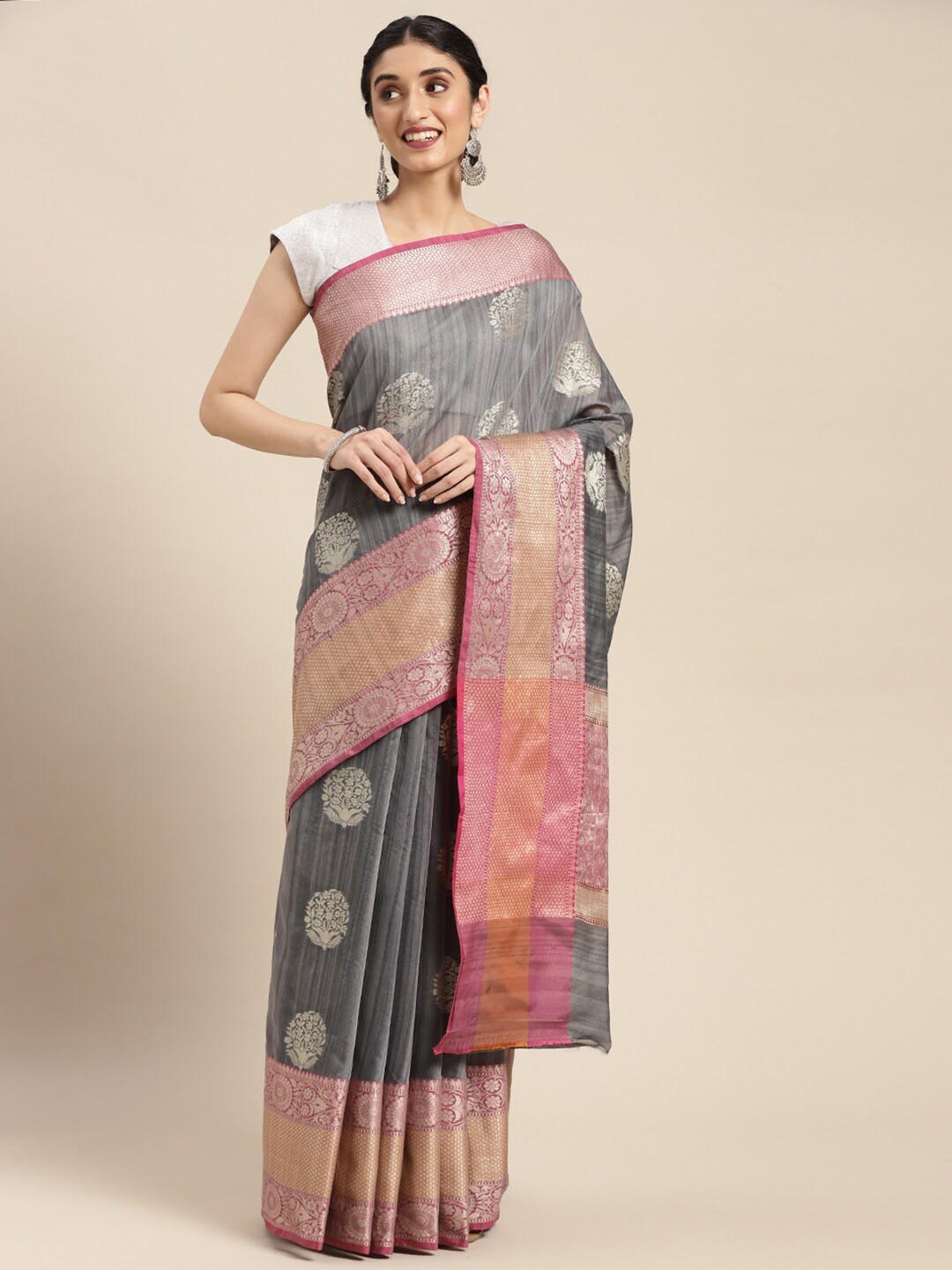 

PTIEPL Banarasi Silk Works Floral Woven Design Zari Banarasi Saree, Grey