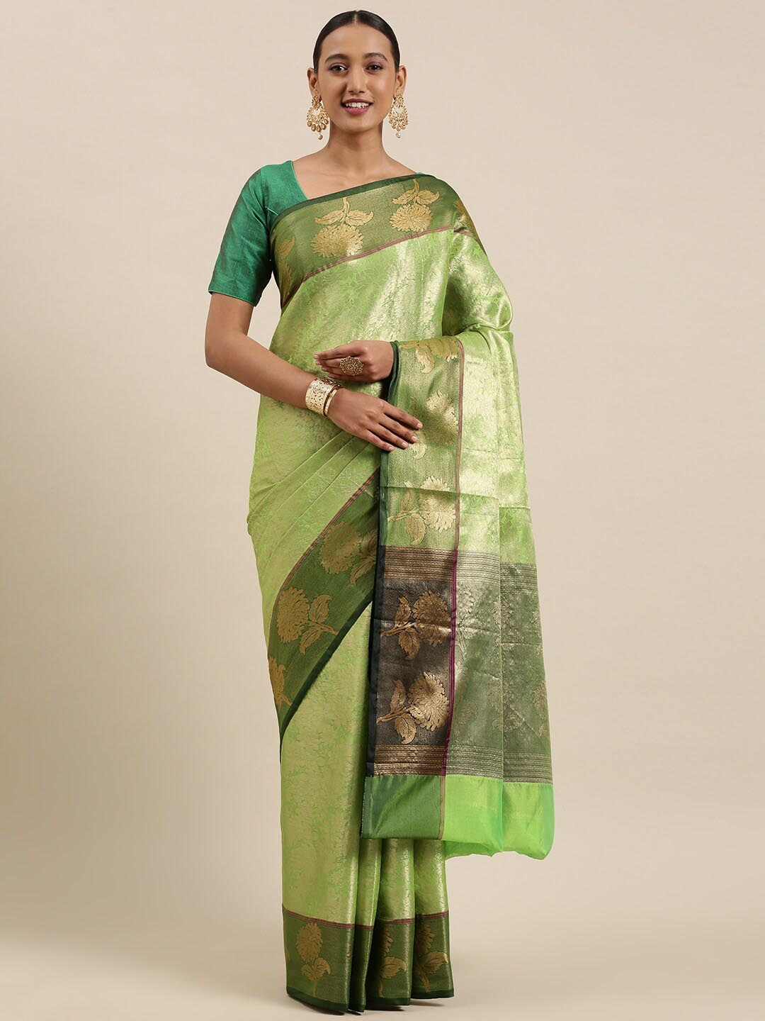 

PTIEPL Banarasi Silk Works Ethnic Motif Woven Design Zari Banarasi Saree, Green