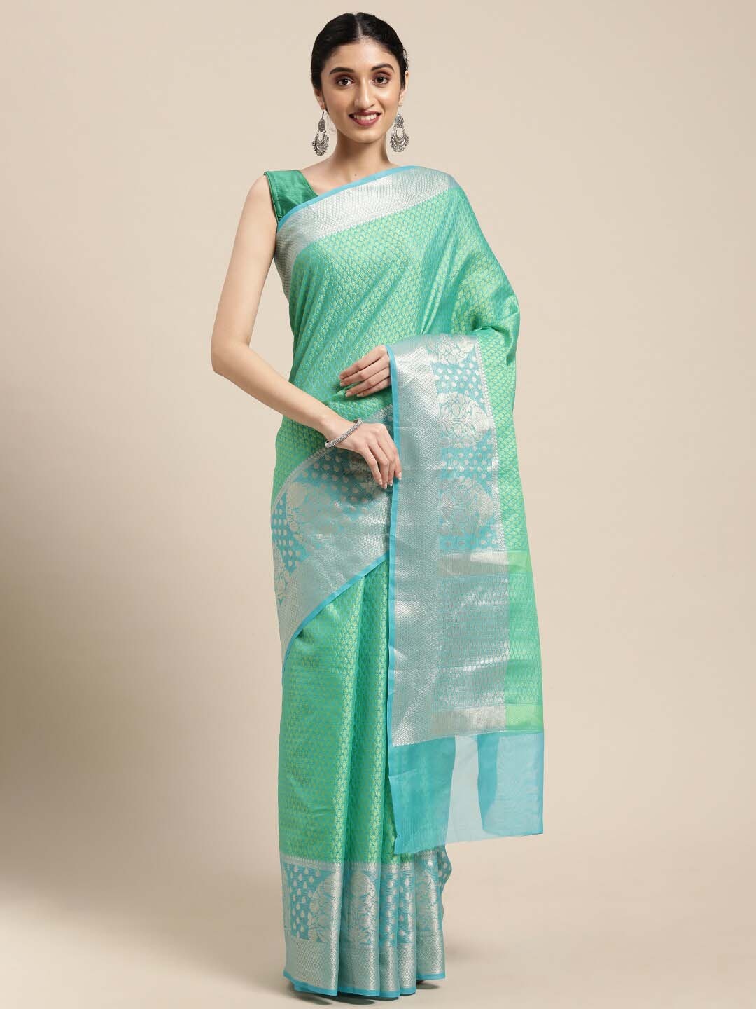 

PTIEPL Banarasi Silk Works Ethnic Motif Woven Design Zari Banarasi Saree, Green
