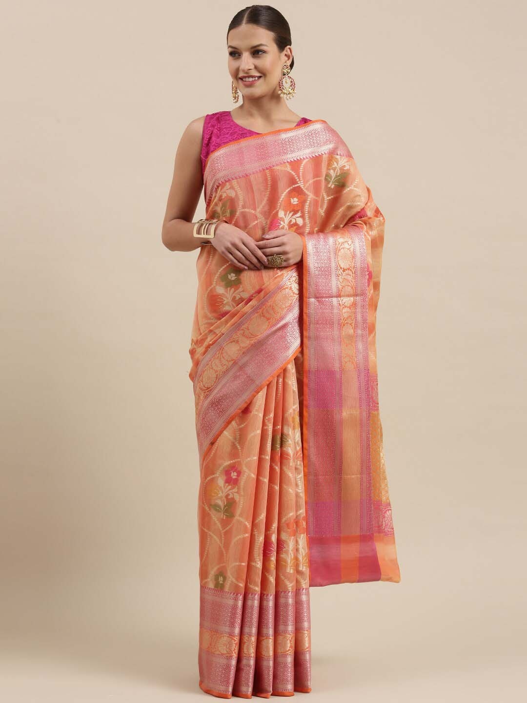 

PTIEPL Banarasi Silk Works Floral Woven Design Zari Banarasi Saree, Pink