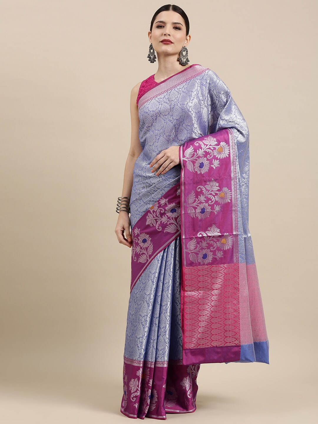 

PTIEPL Banarasi Silk Works Floral Woven Design Zari Kanjeevaram Saree, Blue