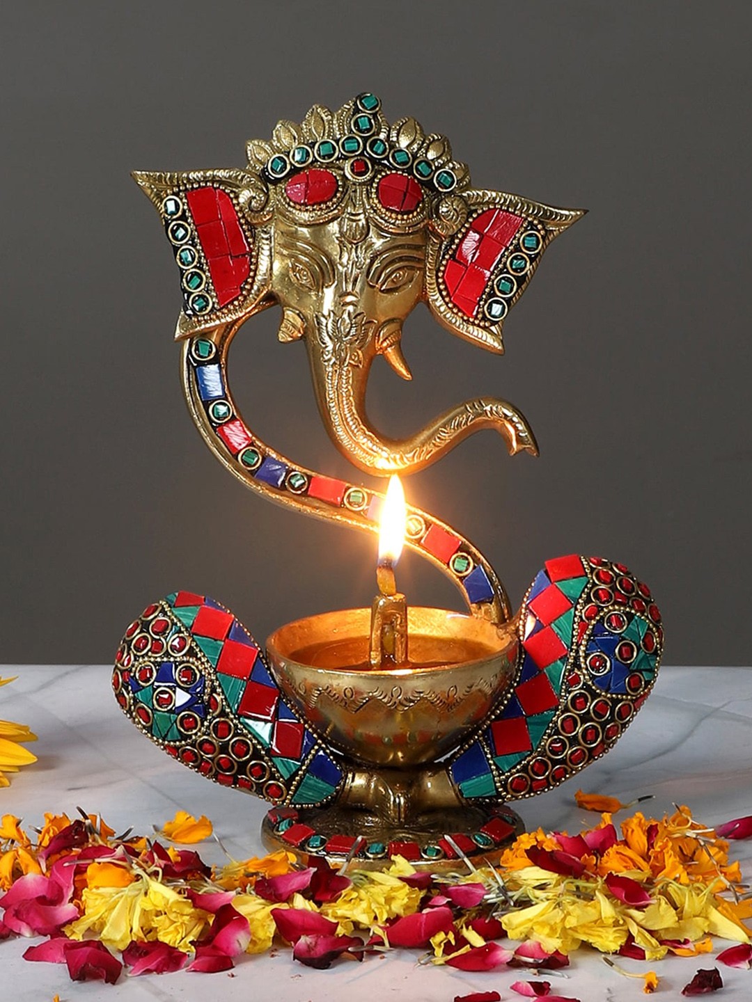 

Two Moustaches Gemstone Work Brass Blessing Ganesha With Diya On Lap, Gold