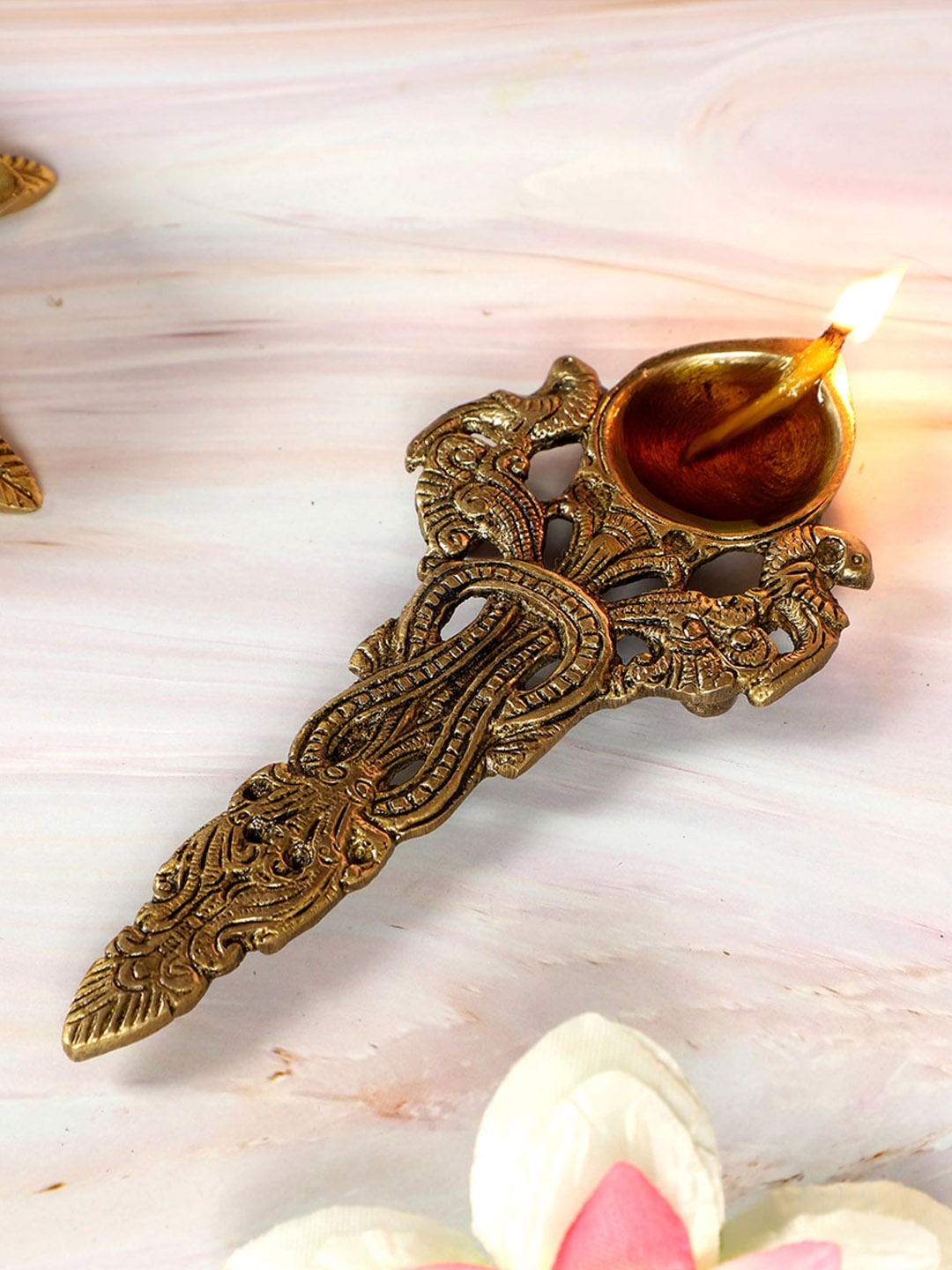 

Two Moustaches Gold Toned Twin Peacock Design Round Brass Pooja Aarti Spoon