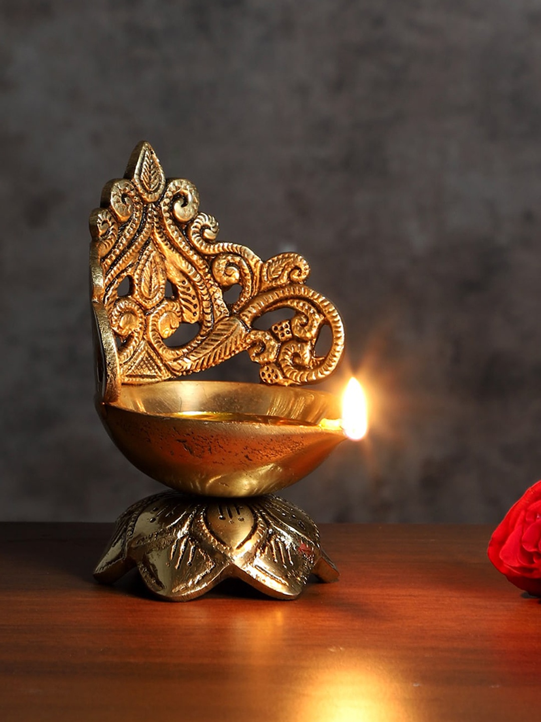 

Two Moustaches Gold Toned Ethnic Carved Floral Design Brass Diya
