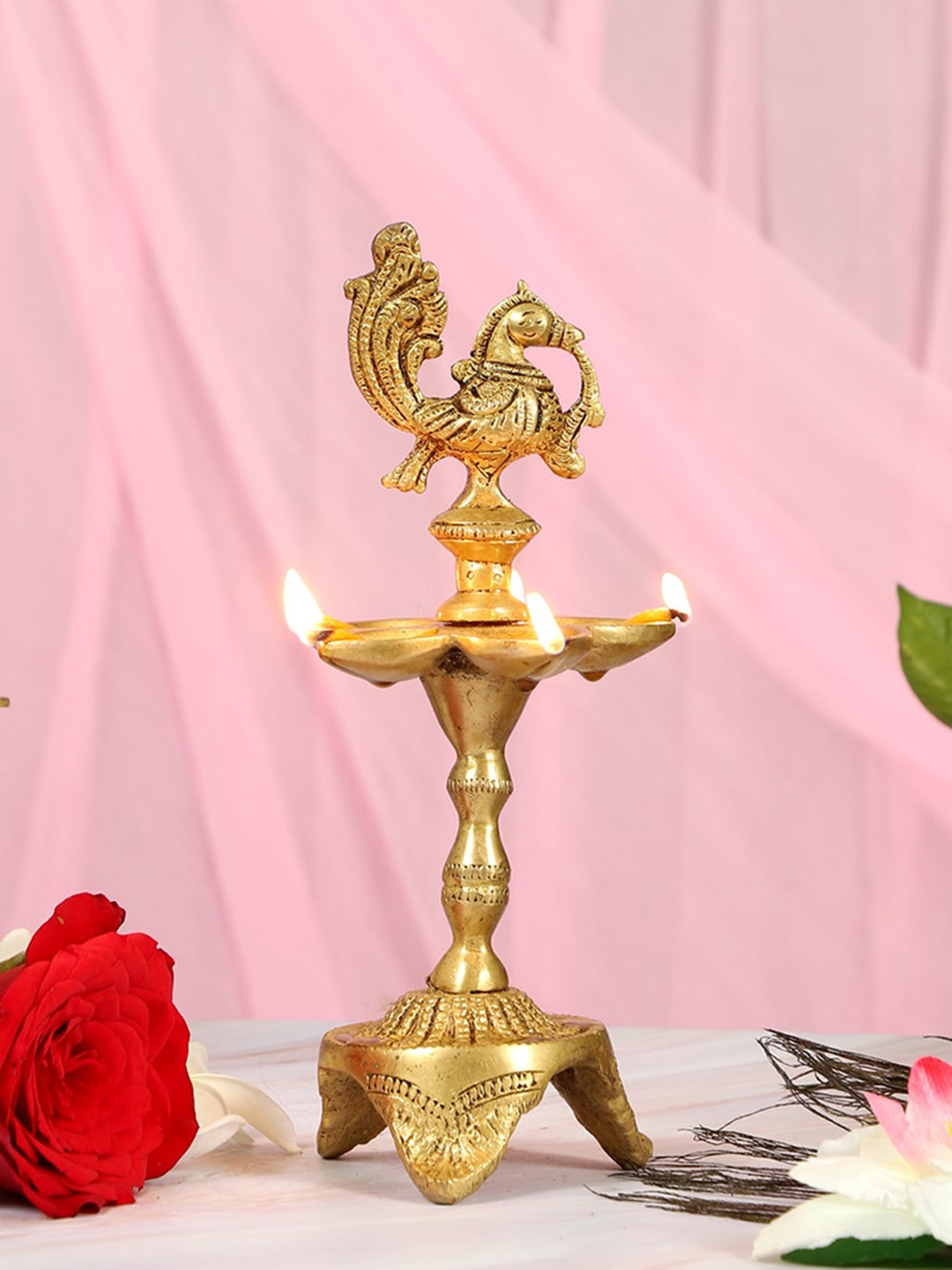 

Two Moustaches Peacock Over Ethnic Carved Legs Five Oil Wick Brass Diya, Gold