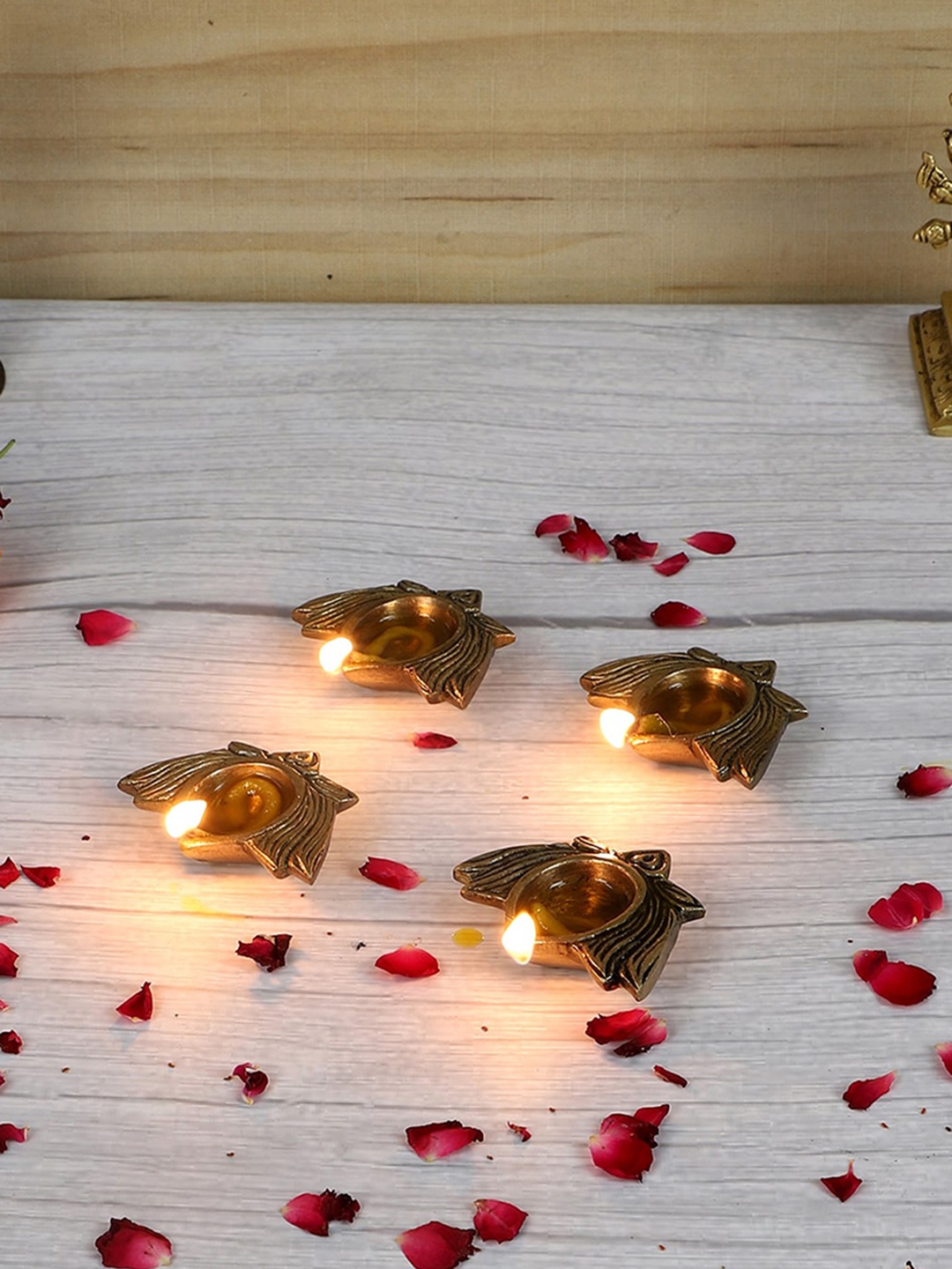 

Two Moustaches 4 Pieces Lotus Shaped Decor Brass Diya, Gold