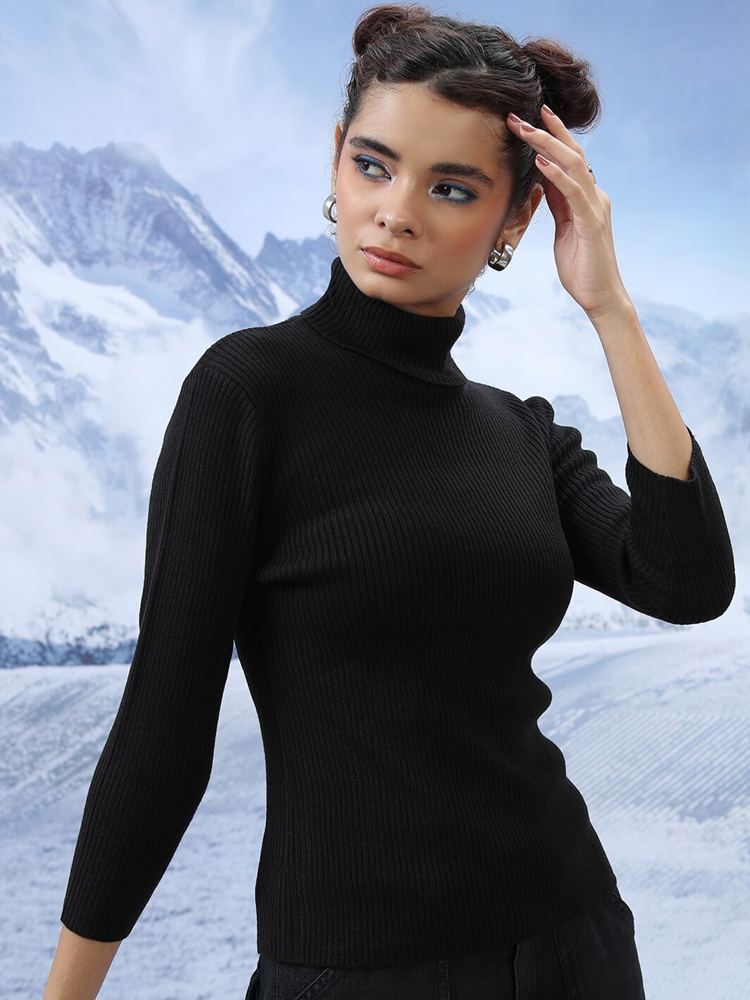 

Tokyo Talkies Turtle Neck Ribbed Acrylic Pullover, Black