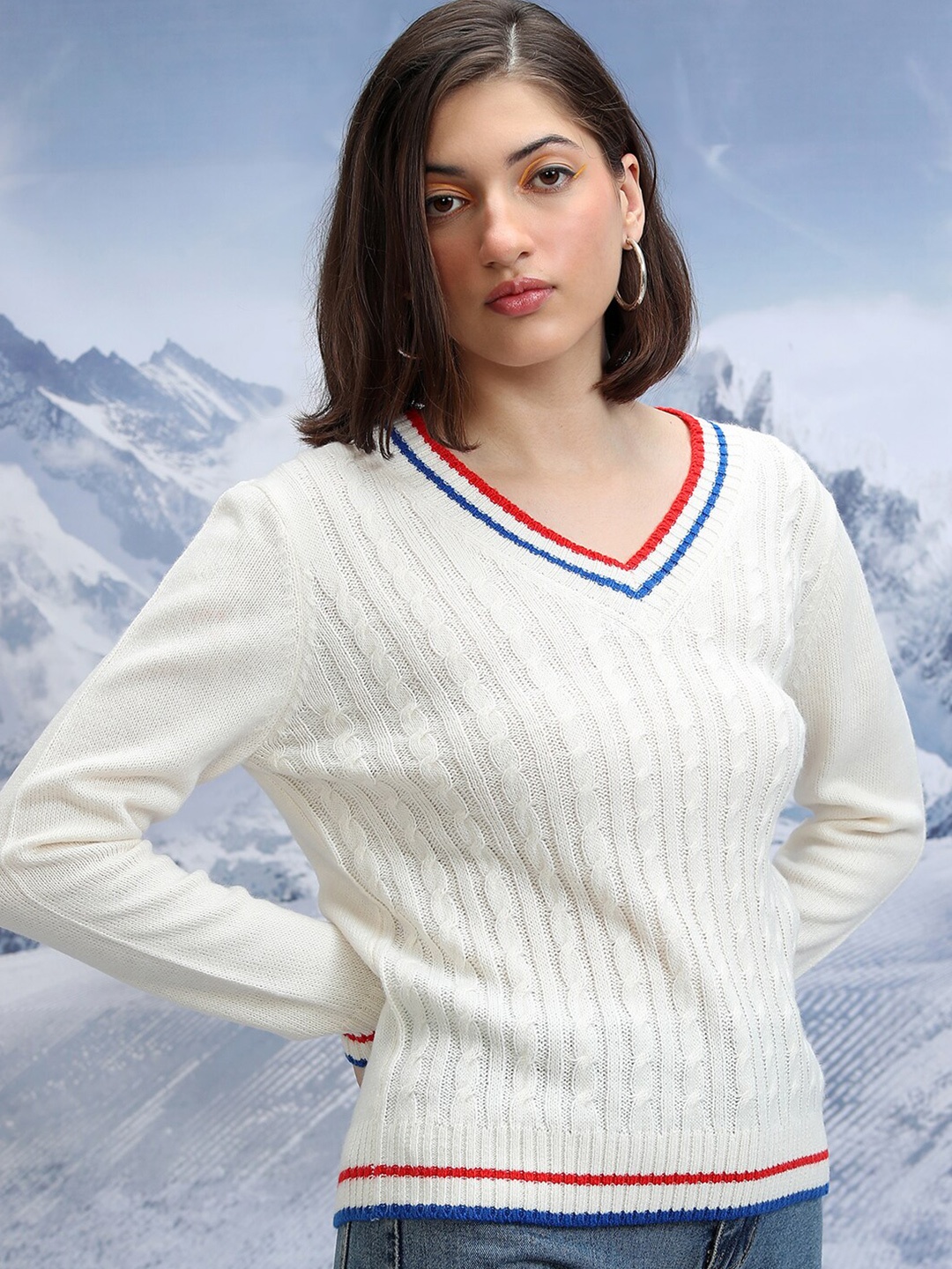 

Tokyo Talkies Cable Knit Self Design V-Neck Acrylic Pullover, White