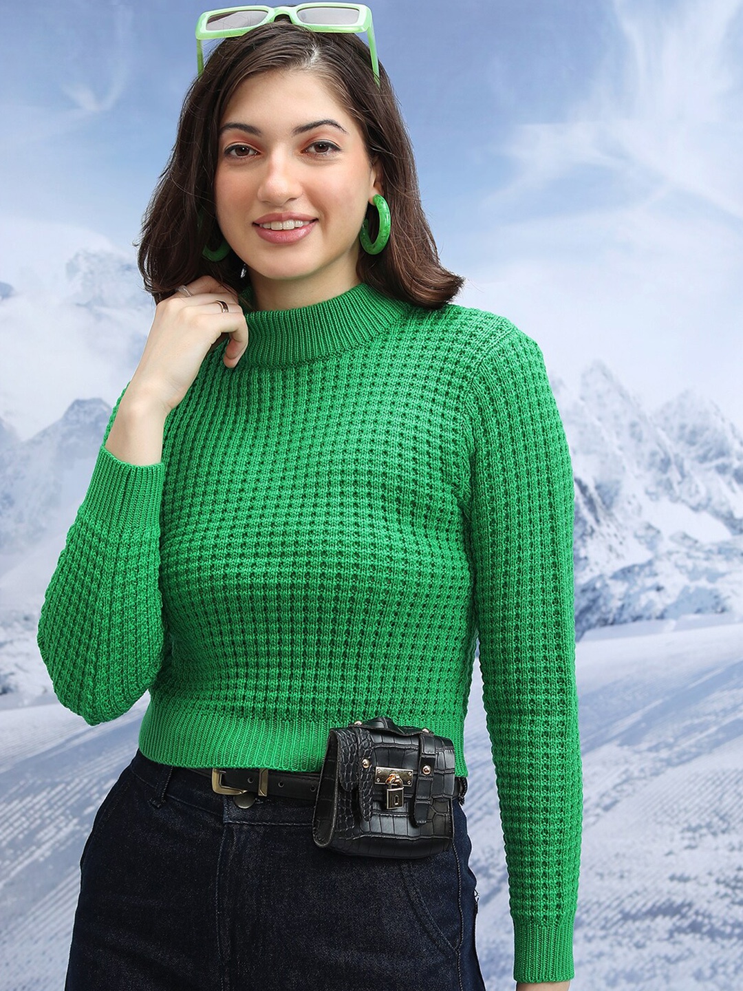 

Tokyo Talkies Ribbed Turtle Neck Acrylic Crop Pullover, Green