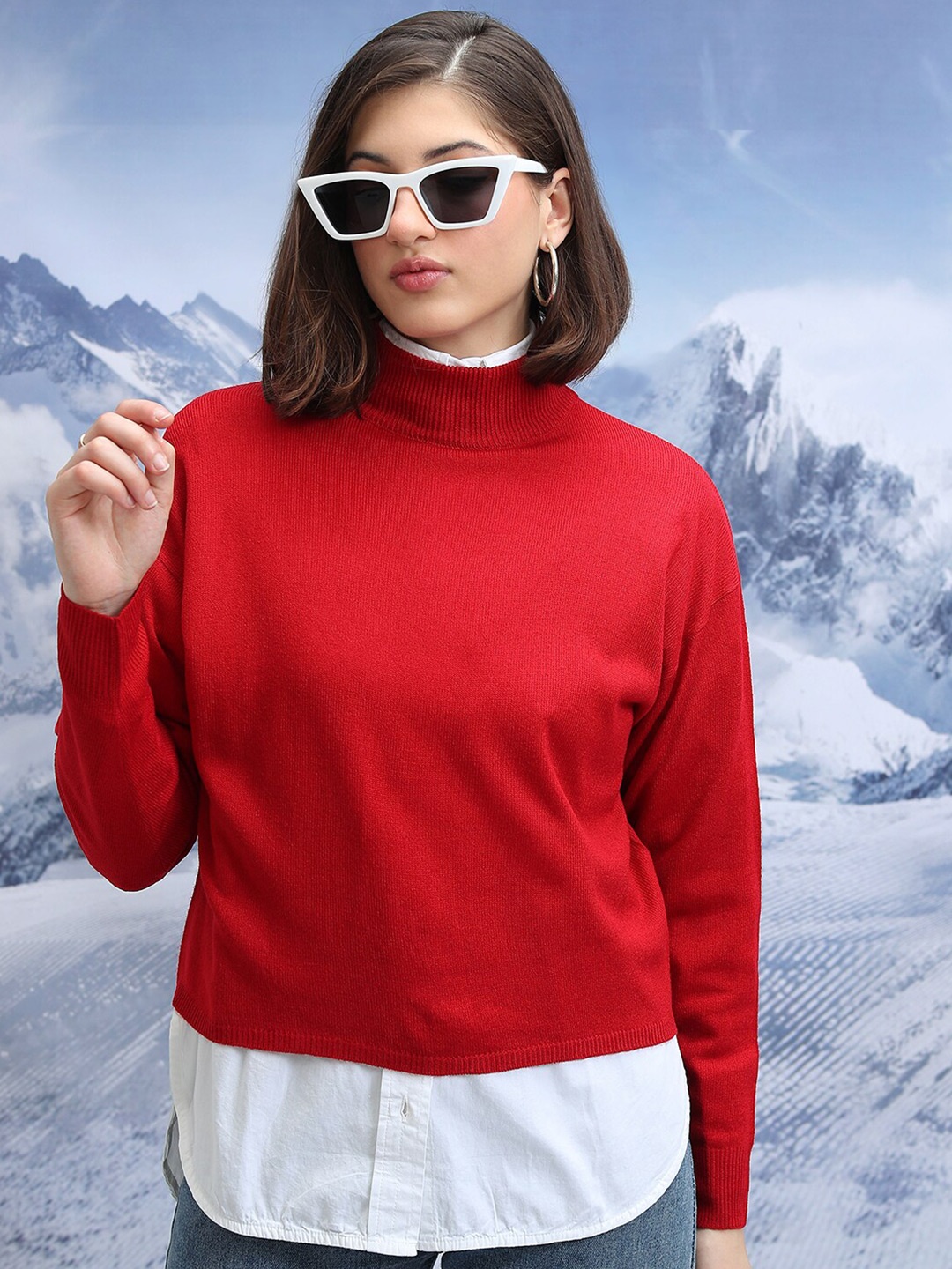 

Tokyo Talkies Ribbed High Neck Pullover Sweater, Red