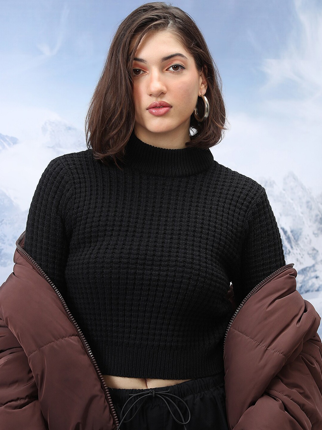 

Tokyo Talkies Self Designed Mock Collar Acrylic Crop Pullover, Black