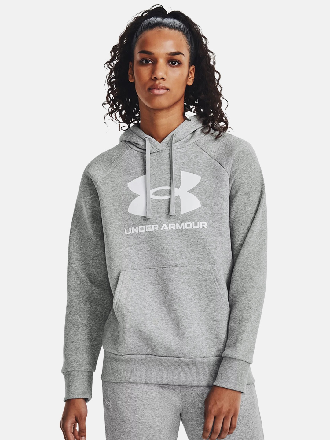 

UNDER ARMOUR Women Rival Fleece Big Logo Printed Hooded Sweatshirt, Grey