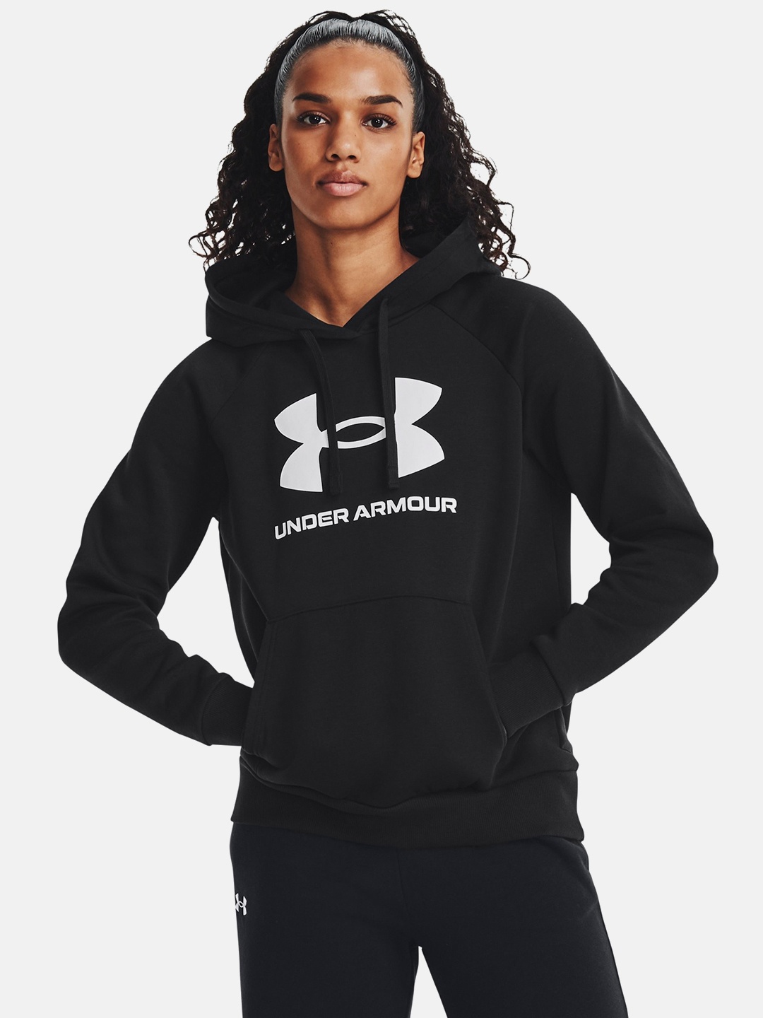 

UNDER ARMOUR Women Rival Fleece Big Logo Printed Hooded Sweatshirt, Black