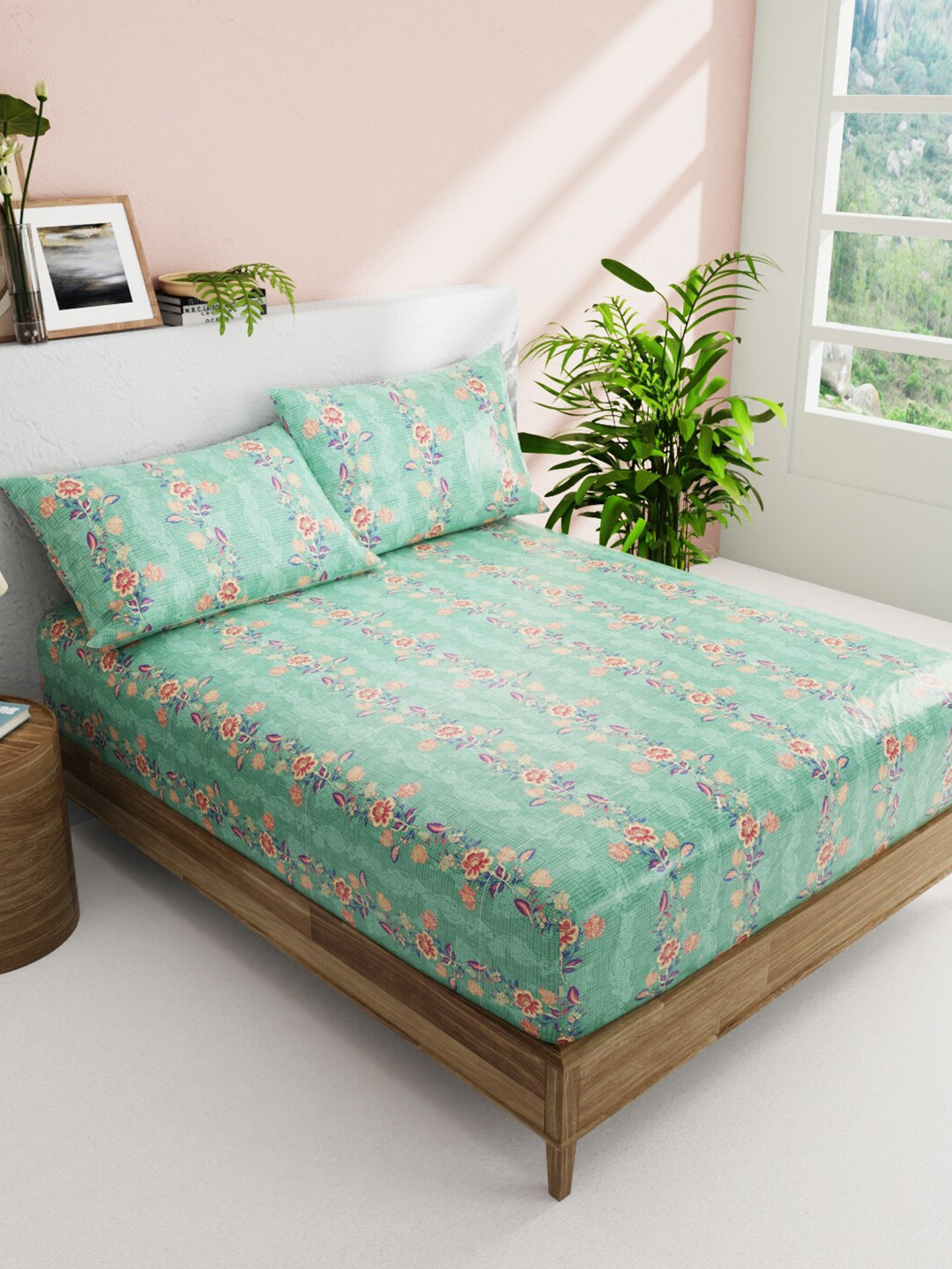 

BIANCA Green & Pink Floral Pure Cotton 144 TC Queen Bedsheet with 2 Pillow Covers