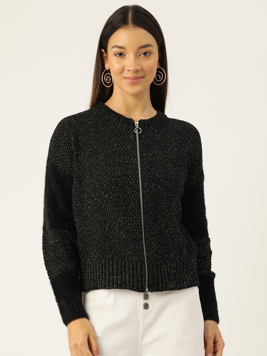 

Madame Shimmery Cardigan with Fuzzy Detail, Black