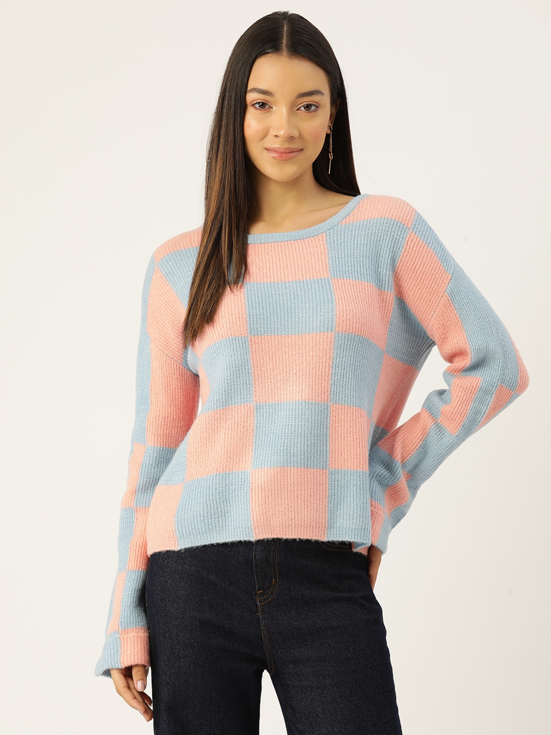 

Madame Checked Drop-Shoulder Sleeves Pullover, Peach