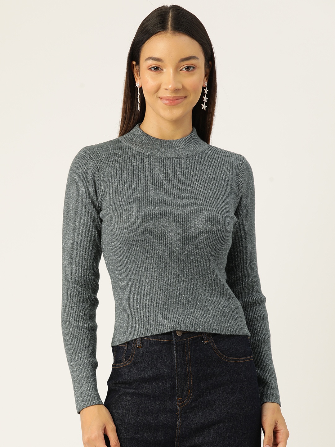 

Madame Shimmery Cut-Out Detail Ribbed Pullover, Grey
