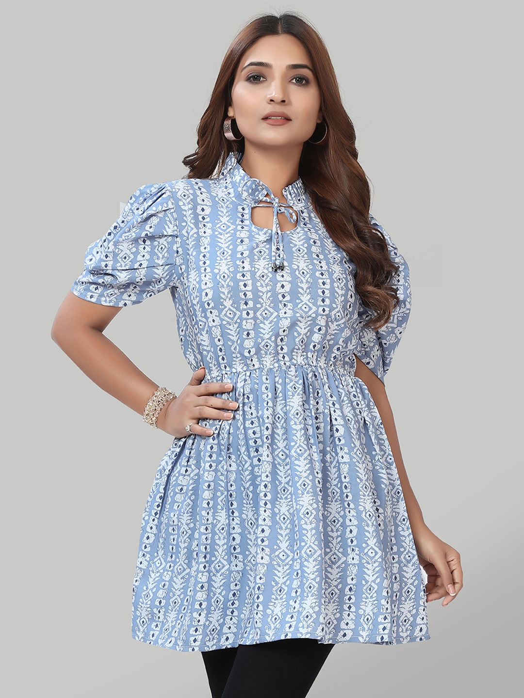 

ZELZIS Ethnic Motifs Printed Tie-Up Neck Tunic, Blue