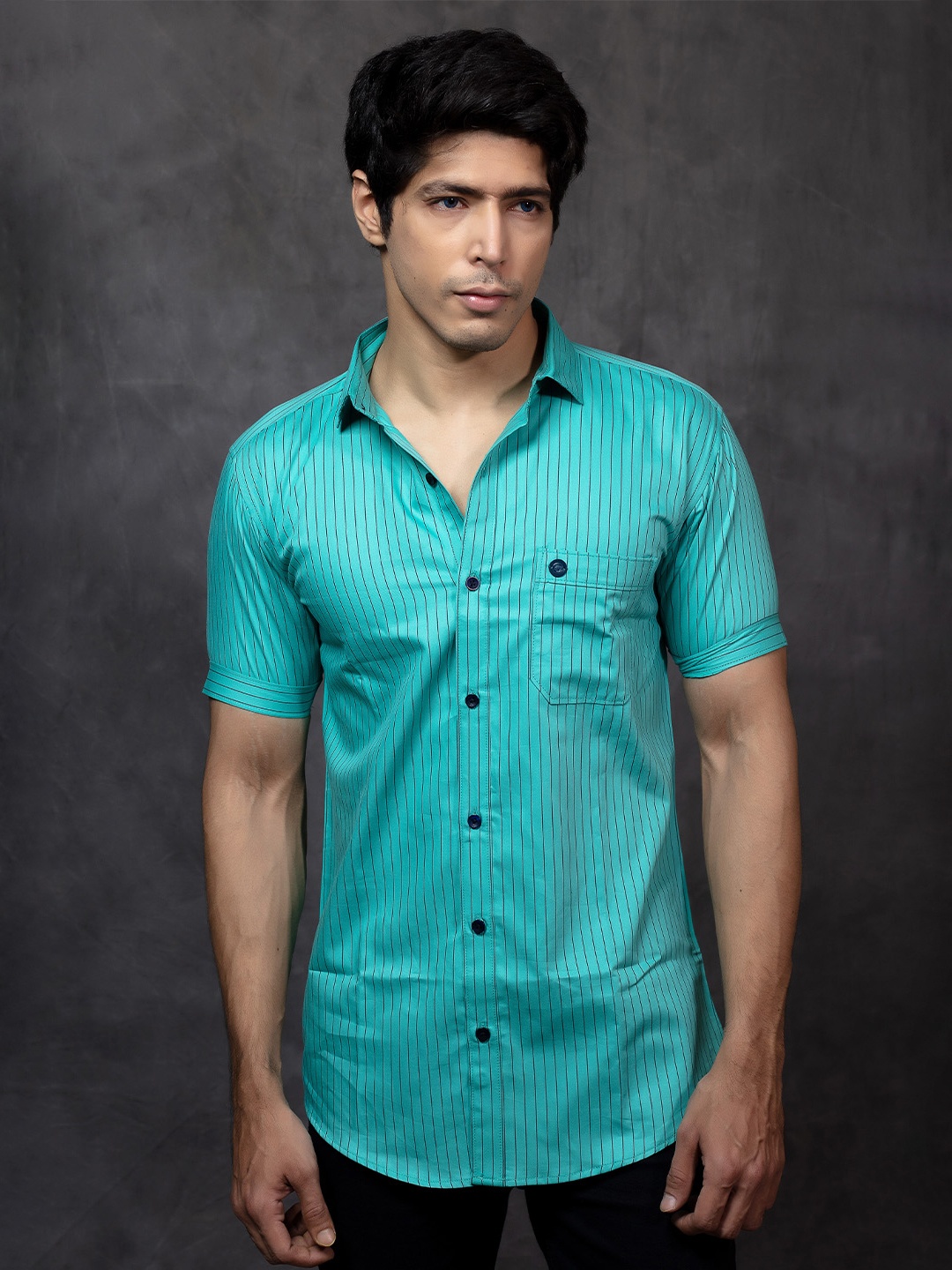 

INDIAN THREADS Slim Fit Opaque Vertical Striped Cotton Formal Shirt, Sea green