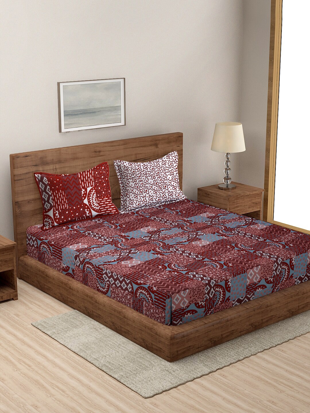 Rajasthan Decor Red Ethnic Motifs Cotton 160 TC Queen Bedsheet with 2 Pillow Covers