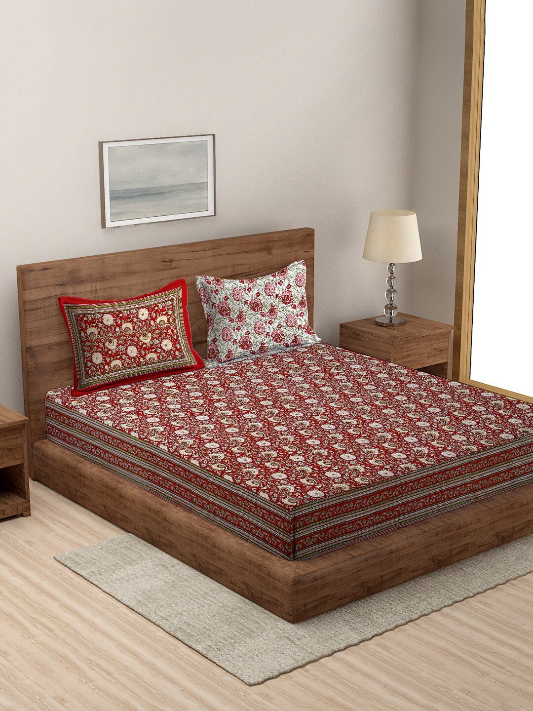 

Rajasthan Decor Red & Beige Floral Cotton 160 TC Queen Bedsheet with 2 Pillow Covers