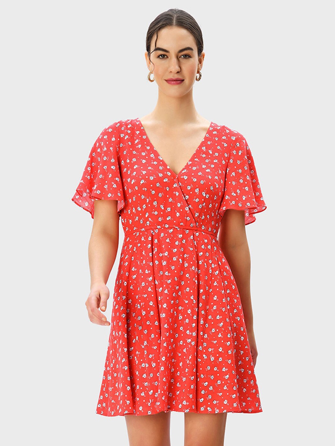 

Zapelle Floral Printed Flared Sleeve Cotton Fit & Flare Dress, Red