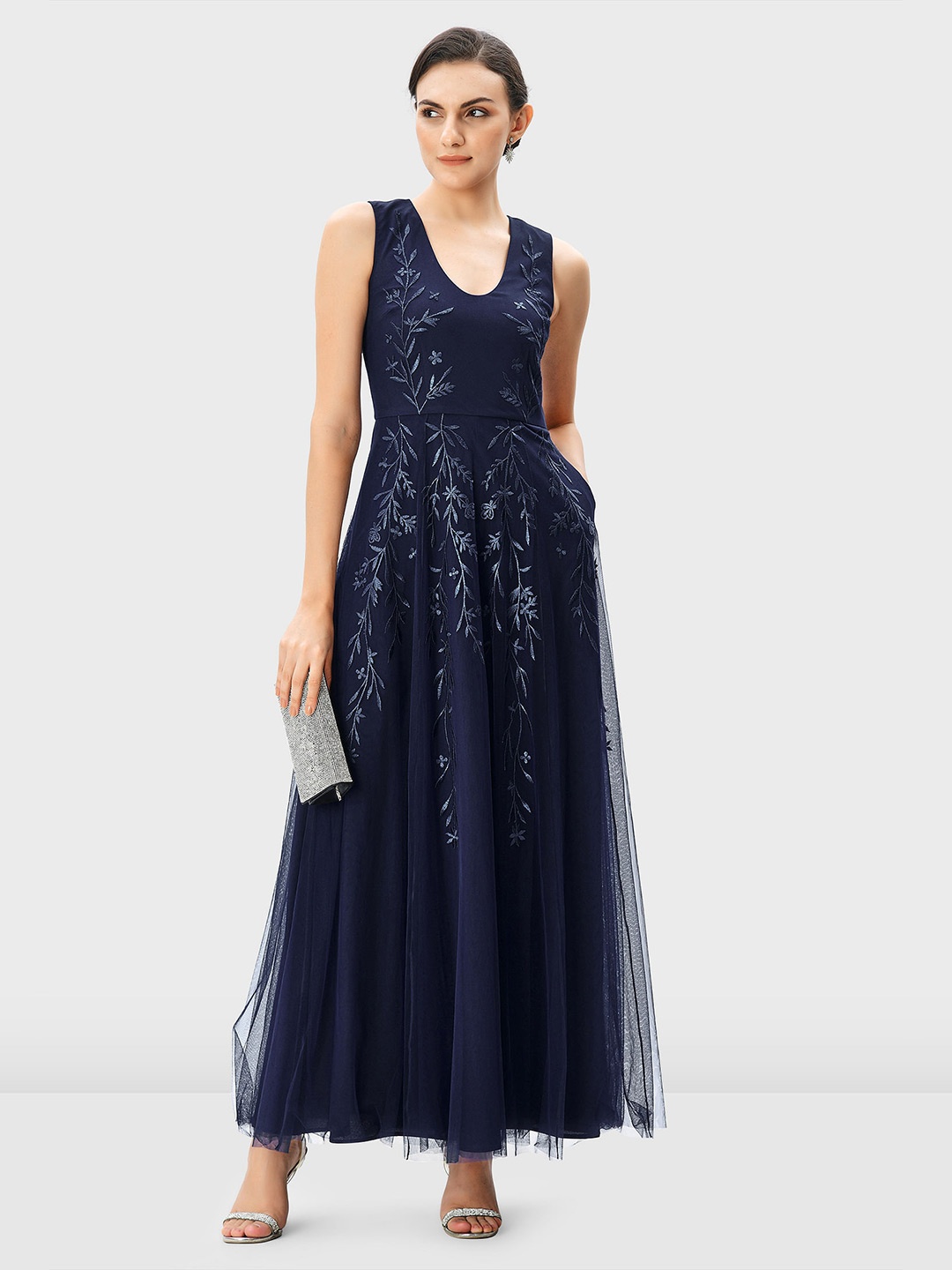 

Zapelle Floral Embroidered Net Fit & Flare Dress, Navy blue