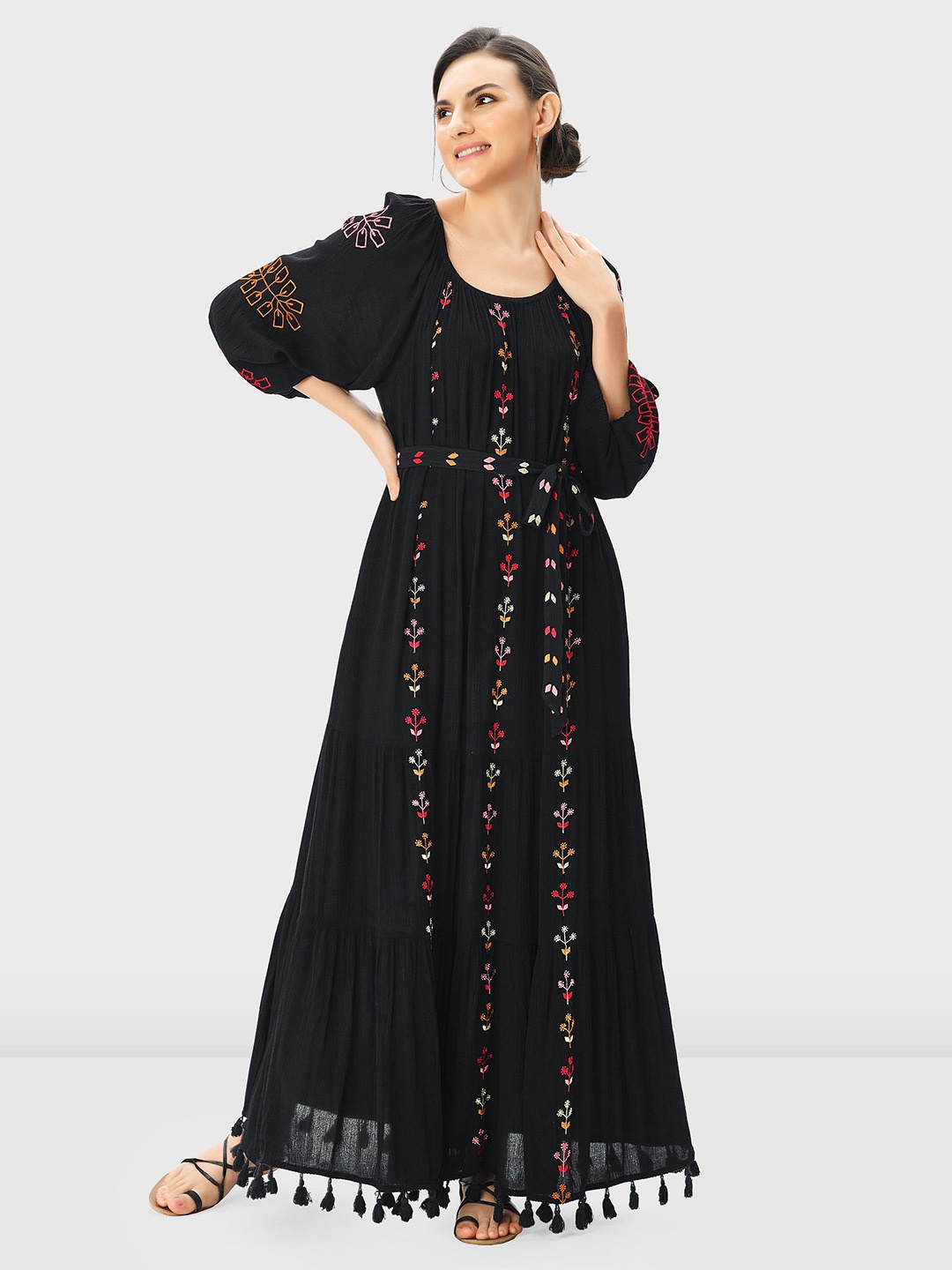 

Zapelle Floral Embroidered A-Line Maxi Dress, Black