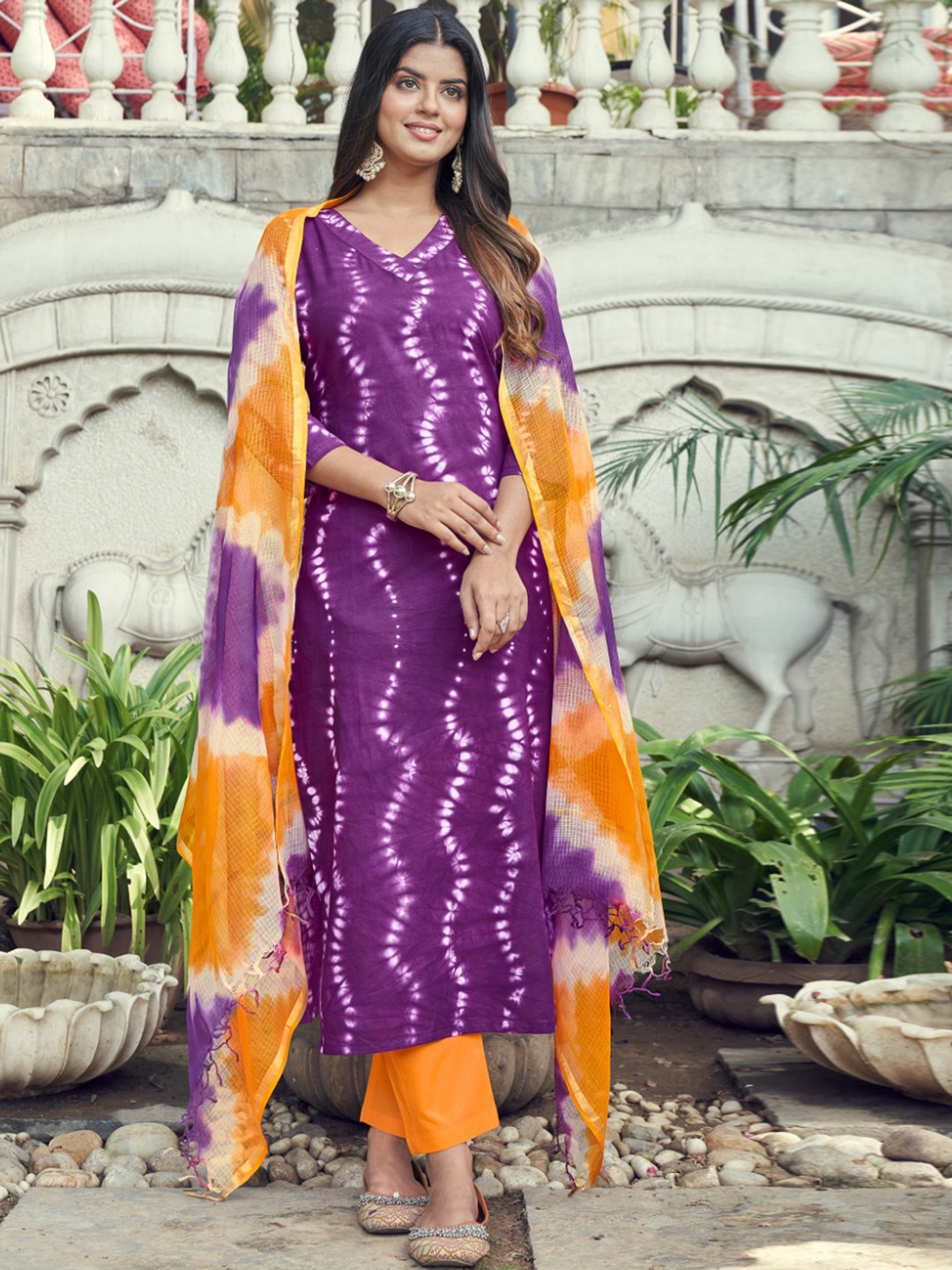

KALINI Abstract Printed V-Neck Straight Kurta & Trousers With Dupatta, Purple