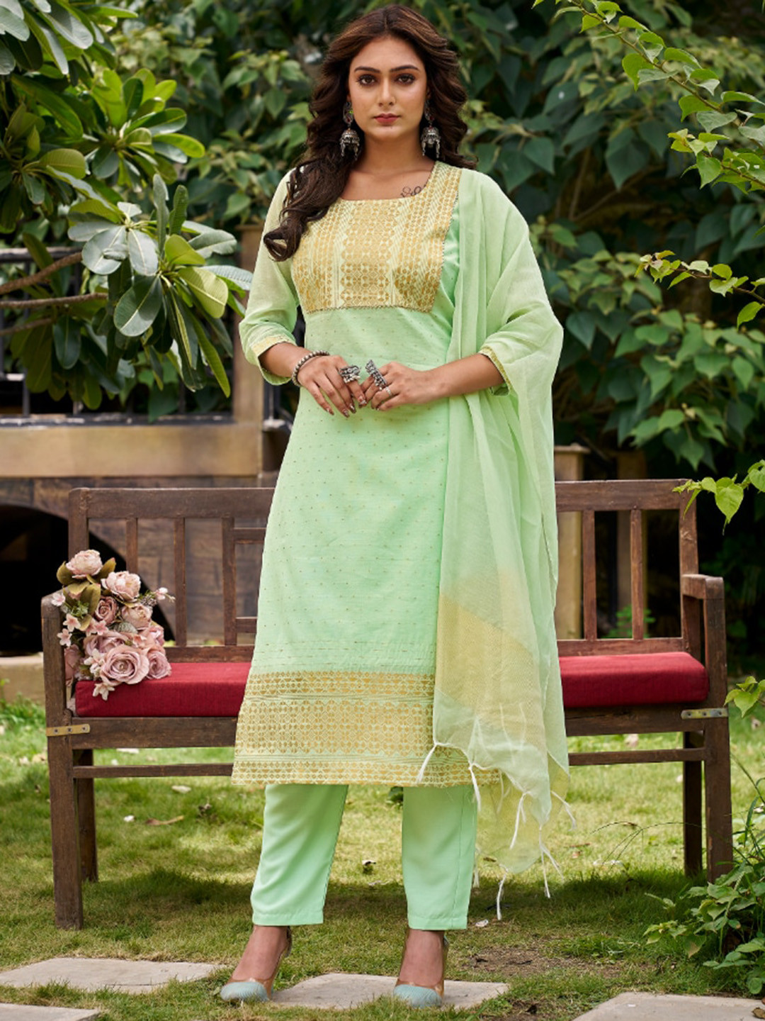 

KALINI Woven Design Regular Thread Work Kurta with Trousers & With Dupatta, Sea green