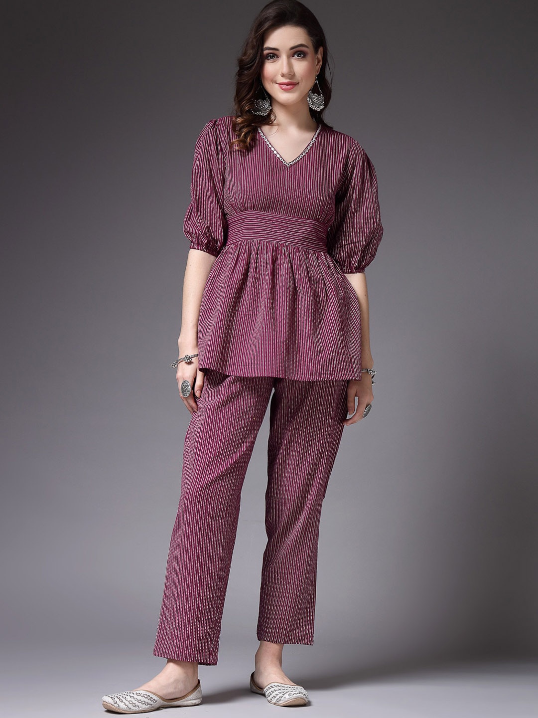 

Stylum Embroidered V-Neck Pure Cotton Top With Trouser, Purple