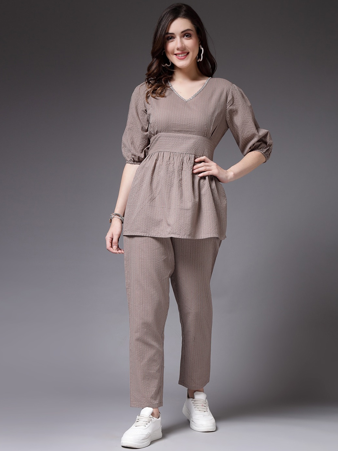 

Stylum Embroidered V-Neck Pure Cotton Top With Trouser, Grey